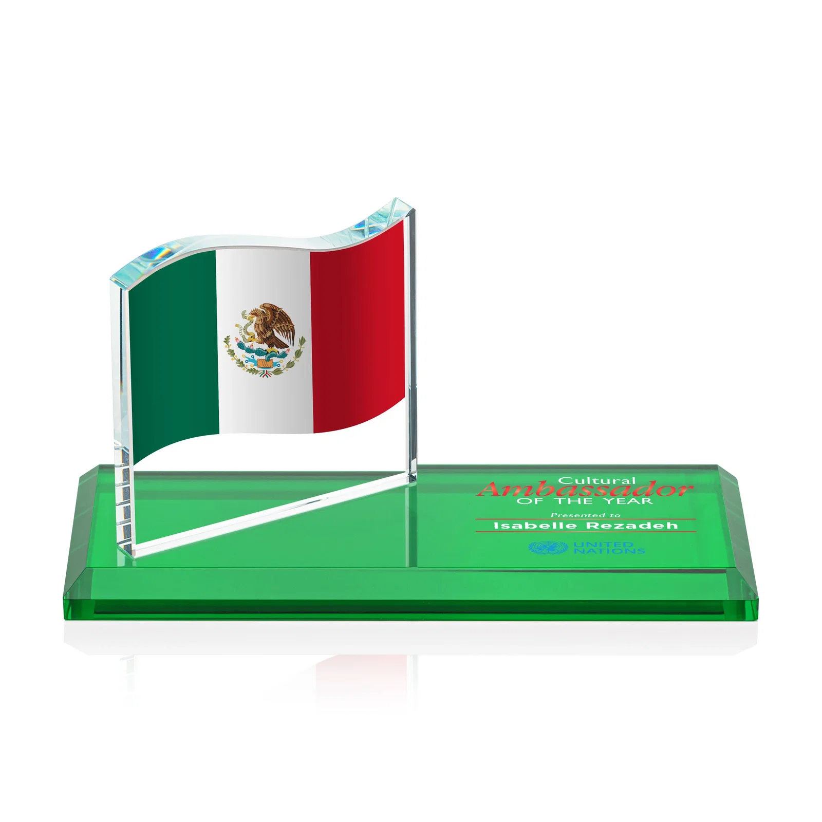 Custom Starfire Crystal Flag Award on a Bamboo or Rosewood Base for retirement presentations