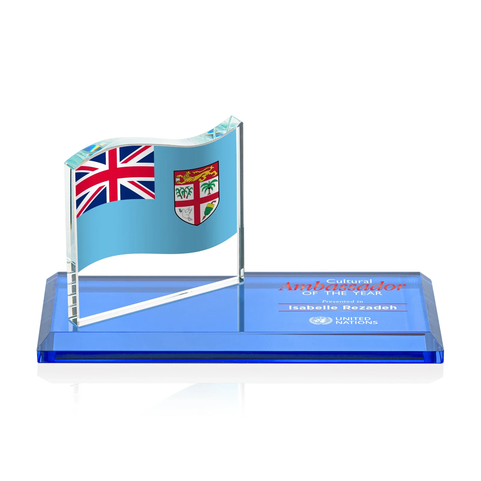 Custom Starfire Crystal Flag Award on a Bamboo or Rosewood Base for team milestone celebrations