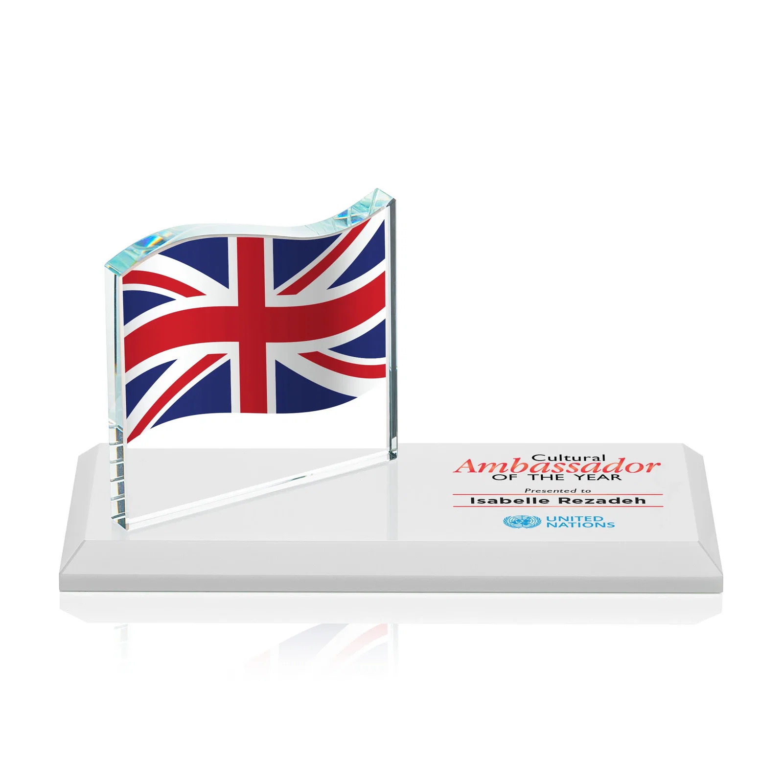 Custom Starfire Crystal Flag Award on a Bamboo or Rosewood Base for donor appreciation