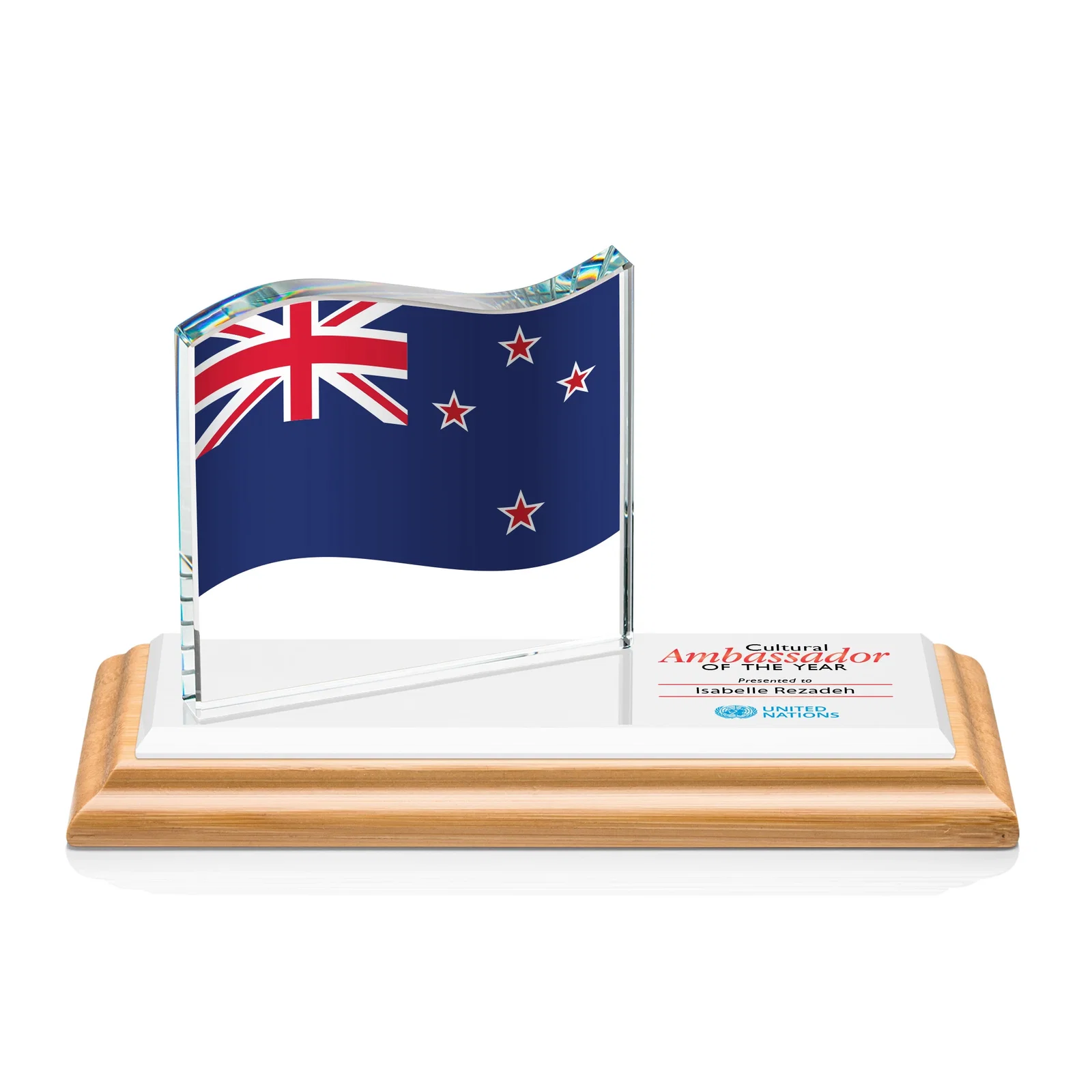Custom Starfire Crystal Flag Award on a Bamboo or Rosewood Base for graduation ceremonies