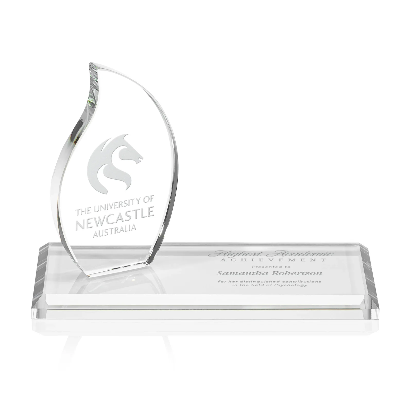 Custom Starfire Crystal Flame Award with a Second Back-Panel Imprint for employee recognition