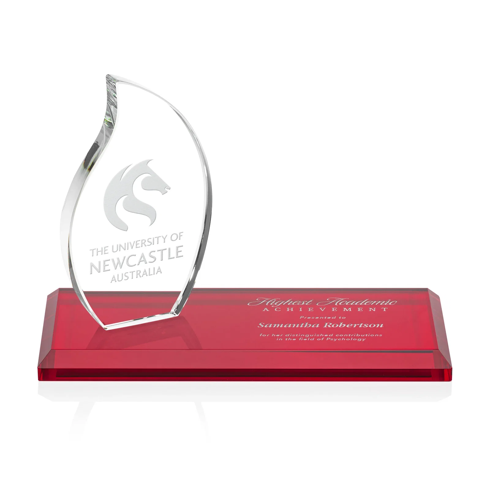 Custom Starfire Crystal Flame Award with a Second Back-Panel Imprint for dealer and partner awards