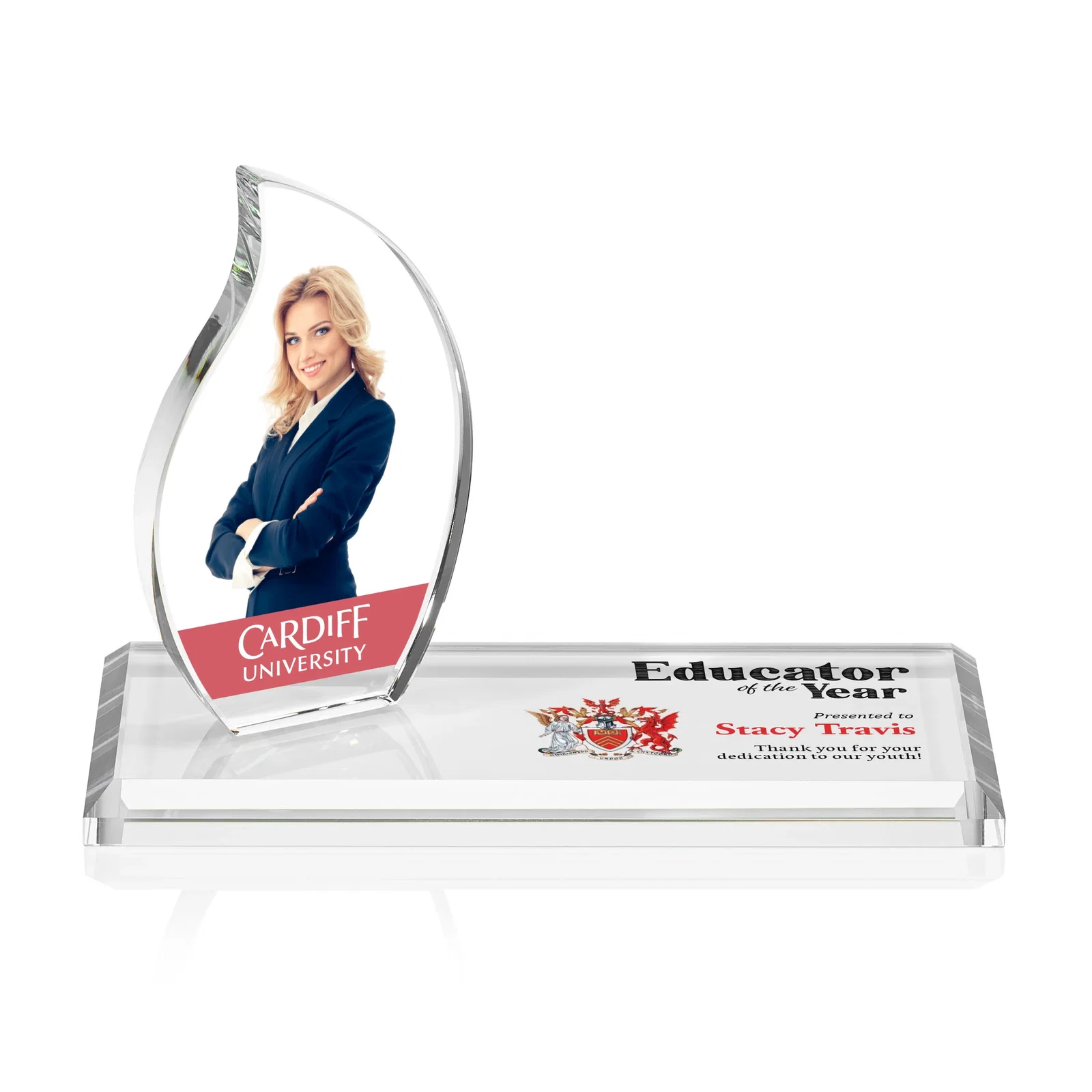 Custom Starfire Crystal Flame Award with a Second Back-Panel Imprint for company anniversary events