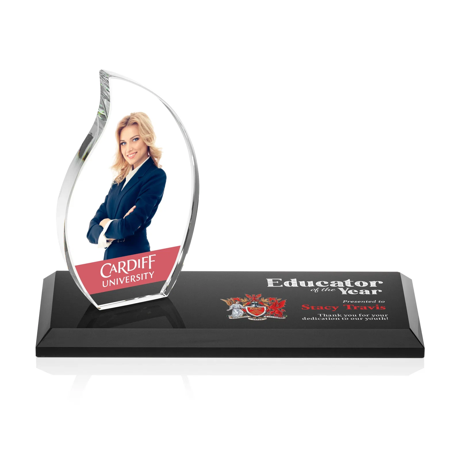 Personalized Starfire Crystal Flame Award with a Second Back-Panel Imprint for employee recognition