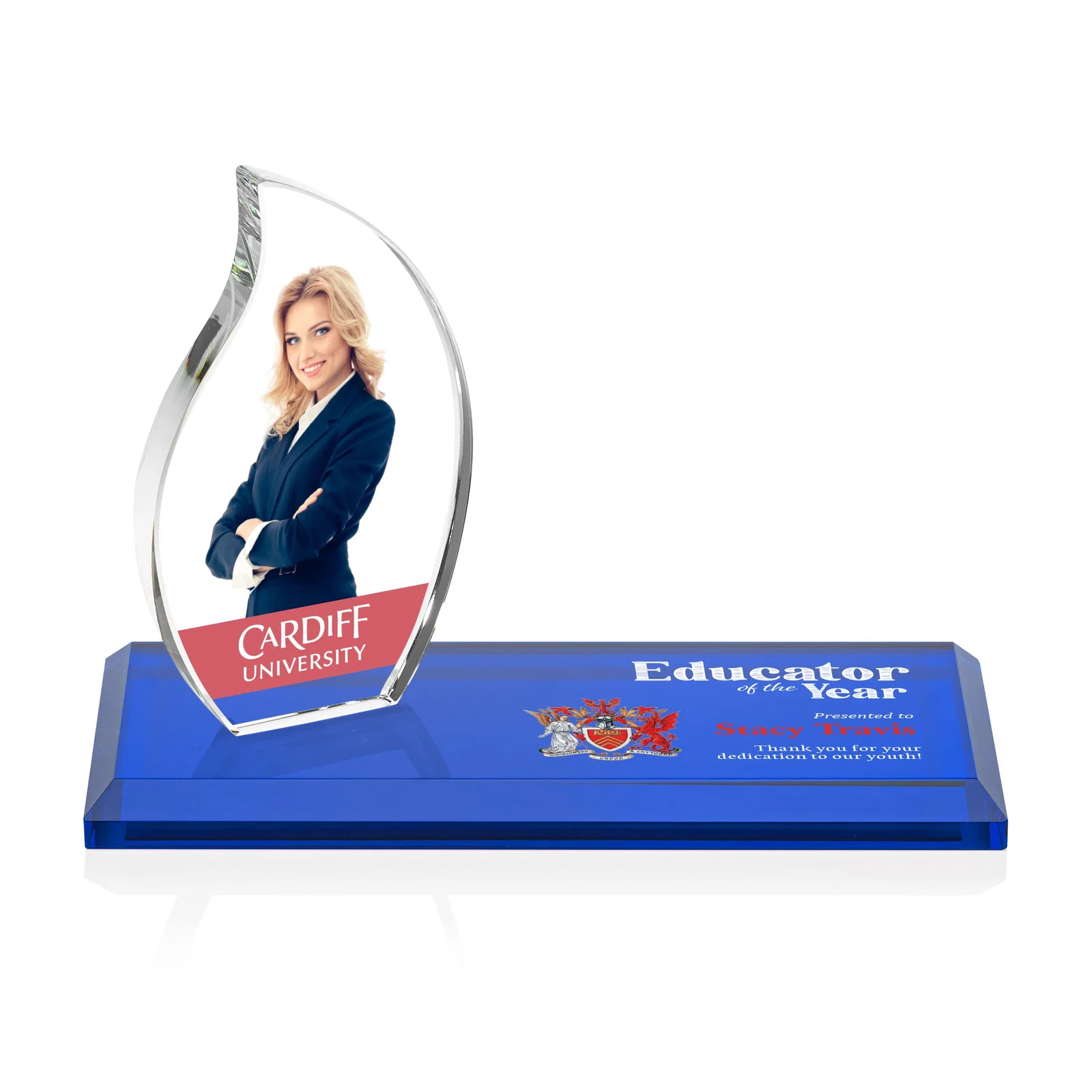 Personalized Starfire Crystal Flame Award with a Second Back-Panel Imprint for corporate award ceremonies