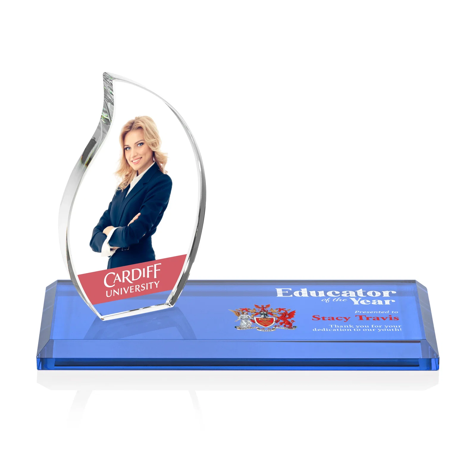 Personalized Starfire Crystal Flame Award with a Second Back-Panel Imprint for sales achievement awards