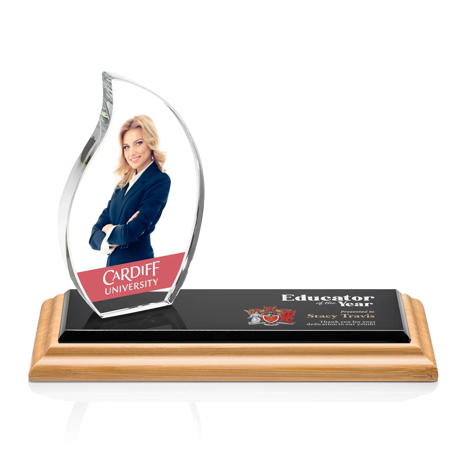 Personalized Starfire Crystal Flame Award with a Second Back-Panel Imprint for retirement presentations