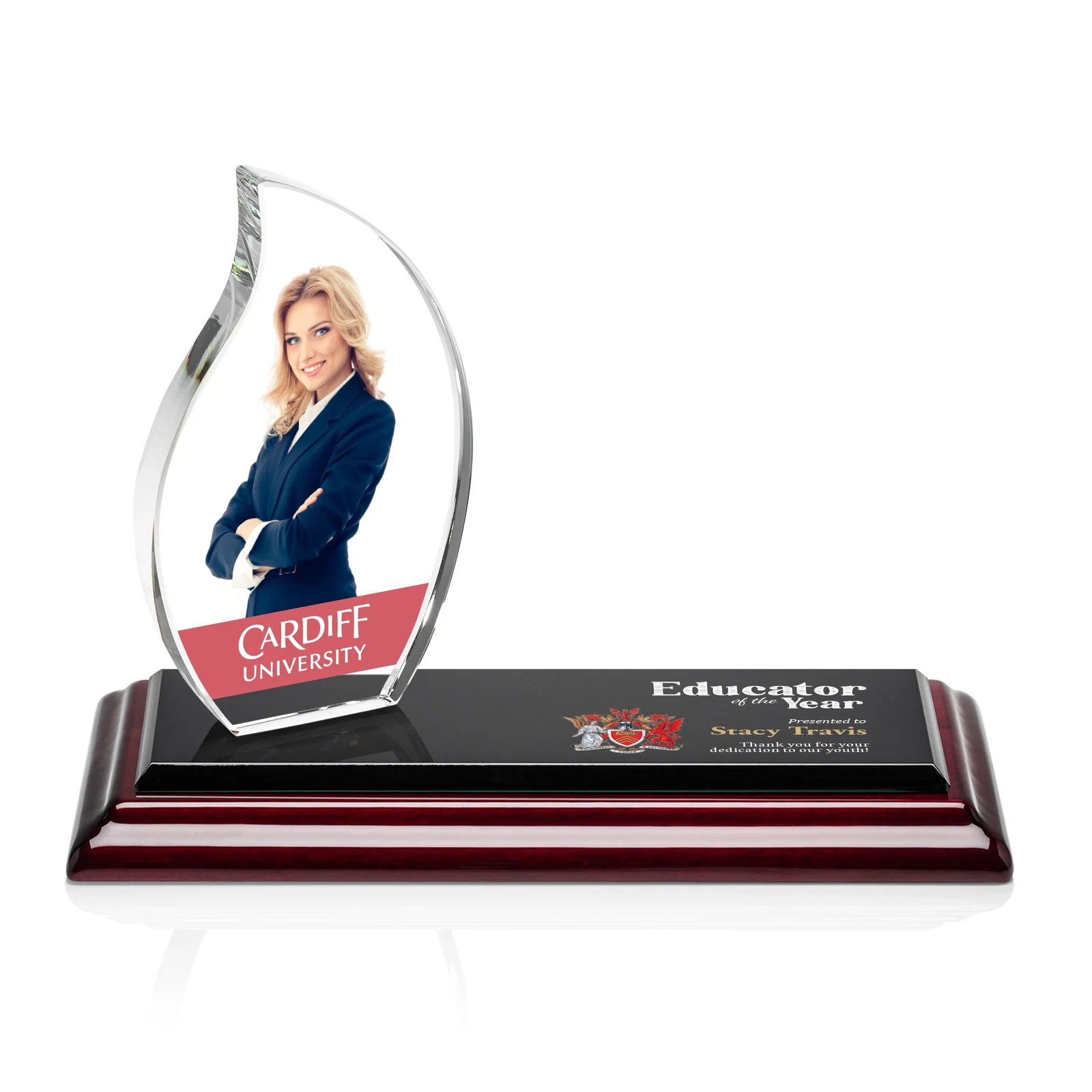 Personalized Starfire Crystal Flame Award with a Second Back-Panel Imprint for team milestone celebrations