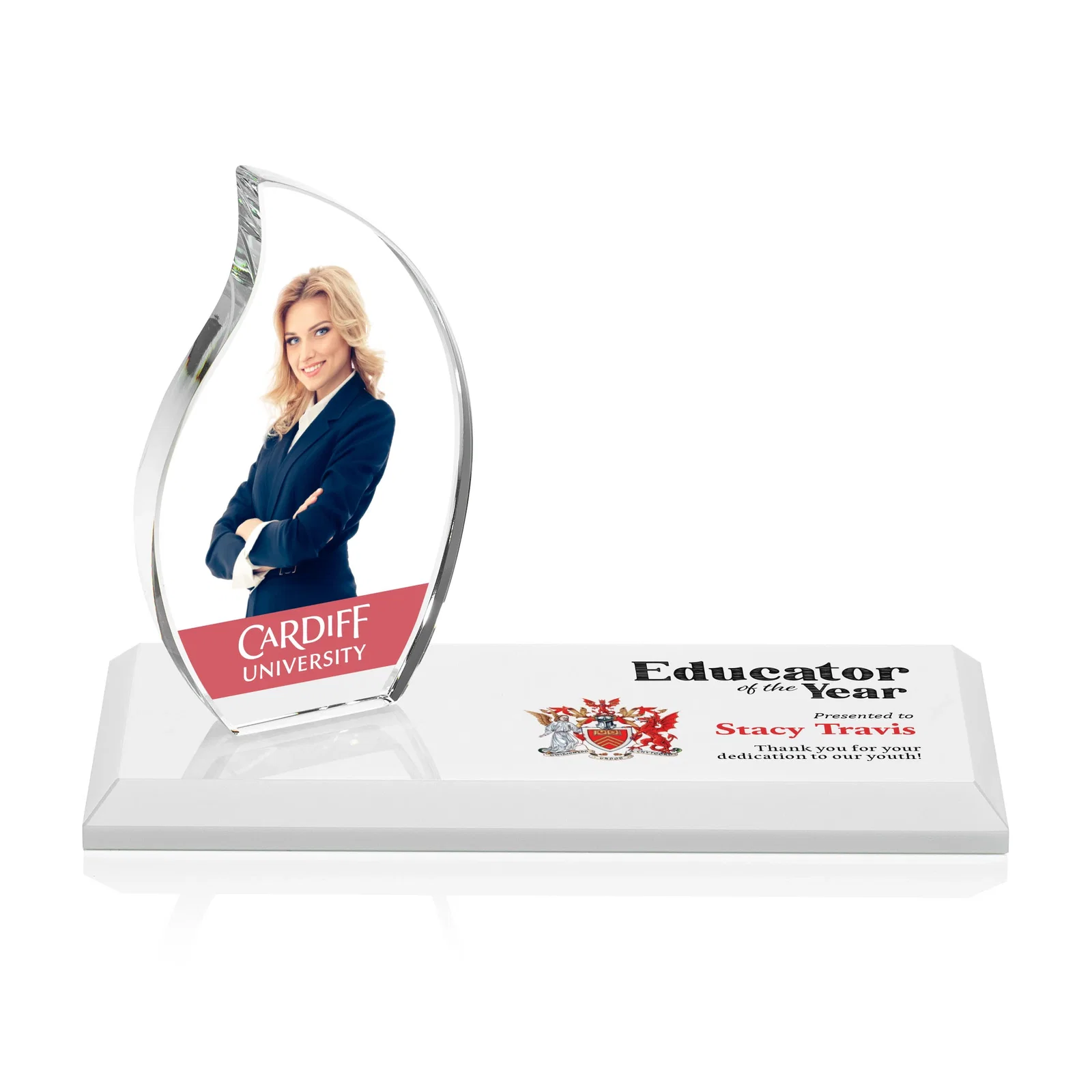 Personalized Starfire Crystal Flame Award with a Second Back-Panel Imprint for donor appreciation