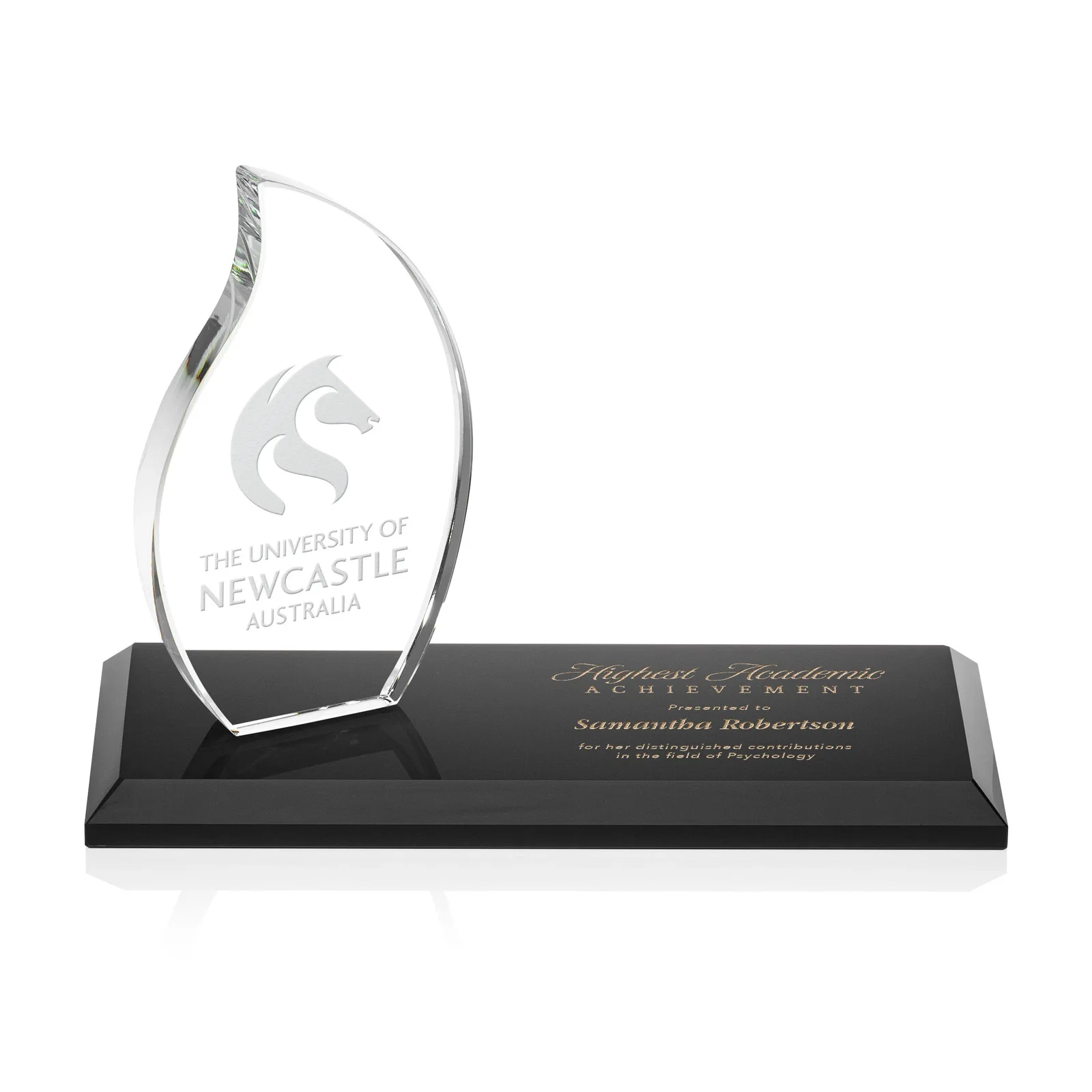 Custom Starfire Crystal Flame Award with a Second Back-Panel Imprint for corporate award ceremonies