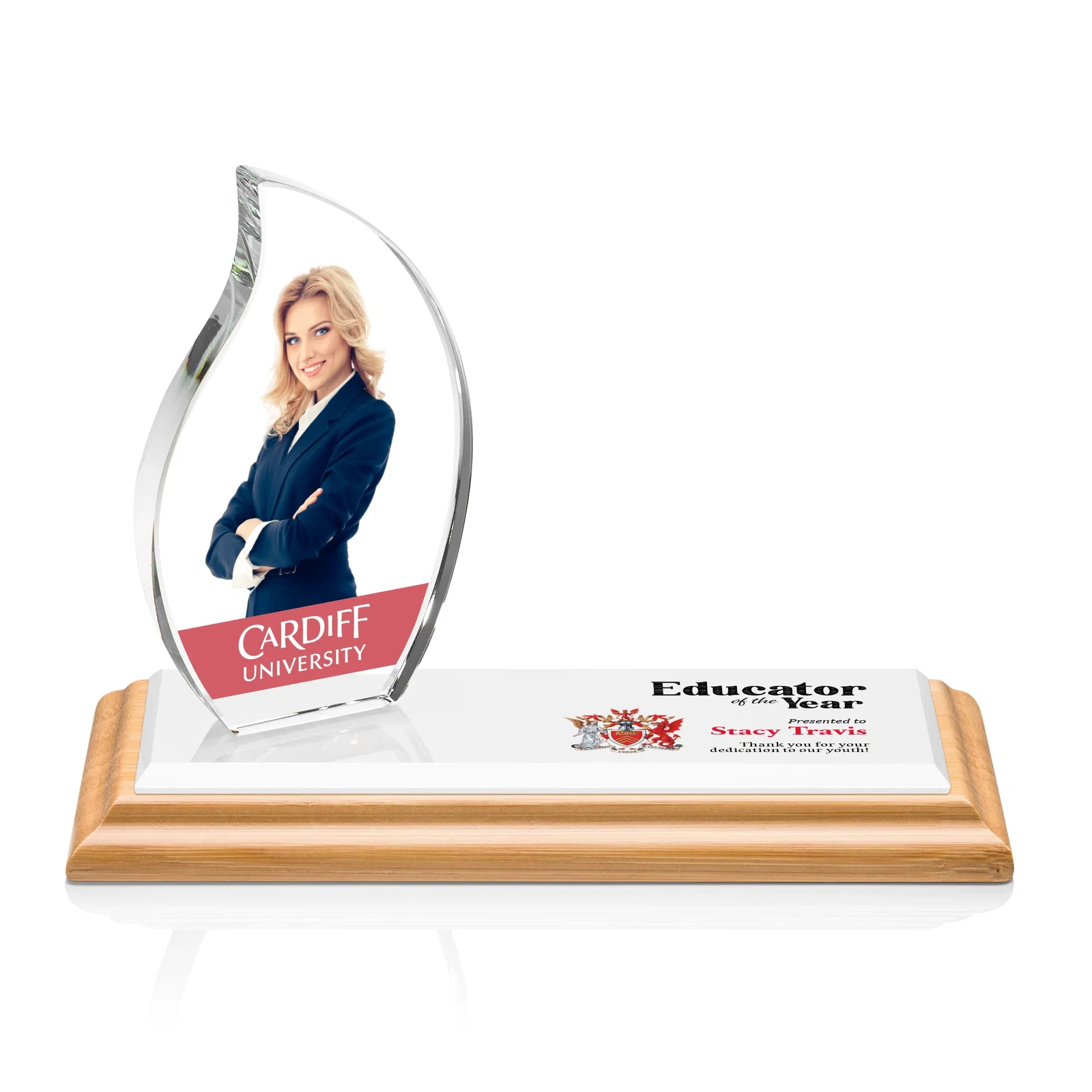 Personalized Starfire Crystal Flame Award with a Second Back-Panel Imprint for graduation ceremonies