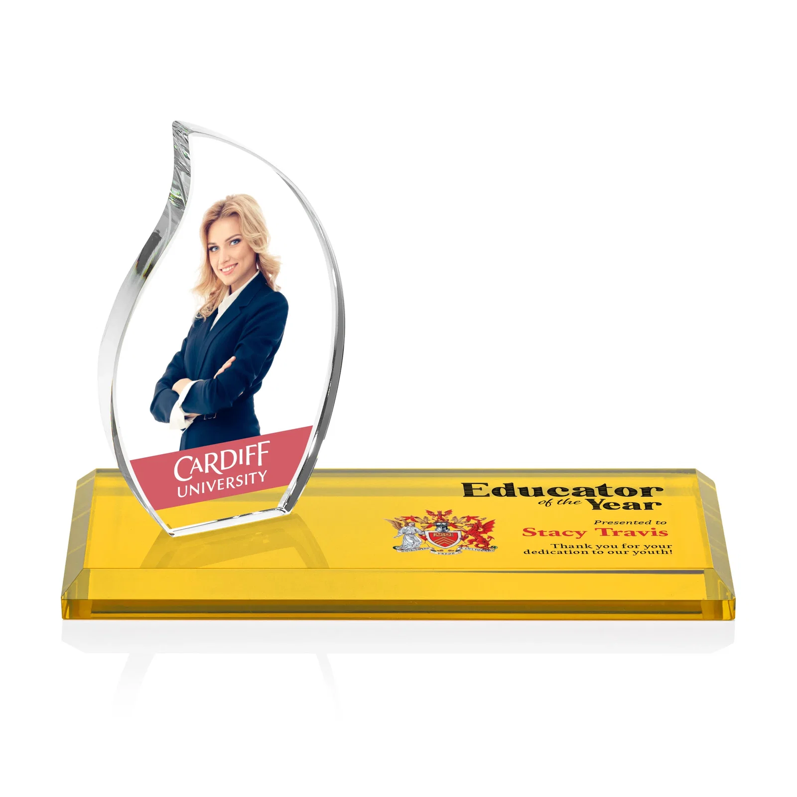 Personalized Starfire Crystal Flame Award with a Second Back-Panel Imprint for safety achievement programs