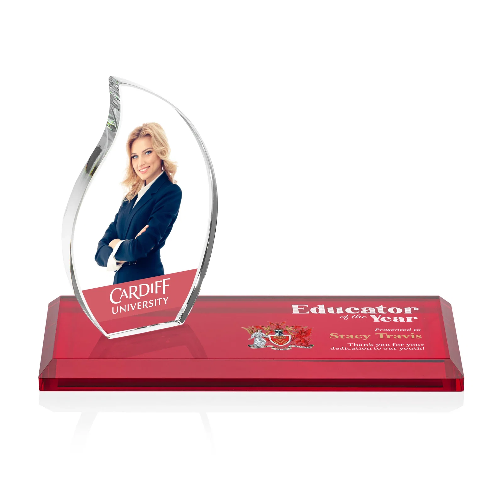 Personalized Starfire Crystal Flame Award with a Second Back-Panel Imprint for volunteer appreciation