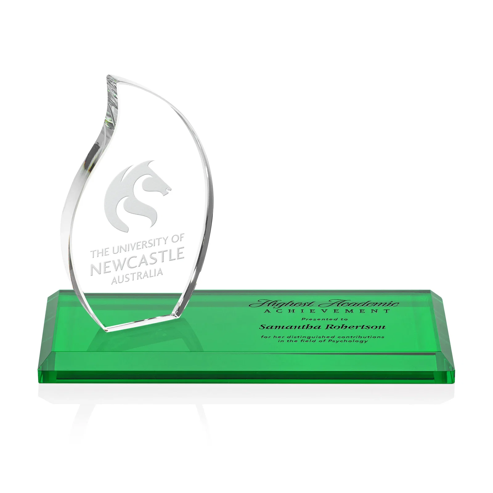 Custom Starfire Crystal Flame Award with a Second Back-Panel Imprint for sales achievement awards