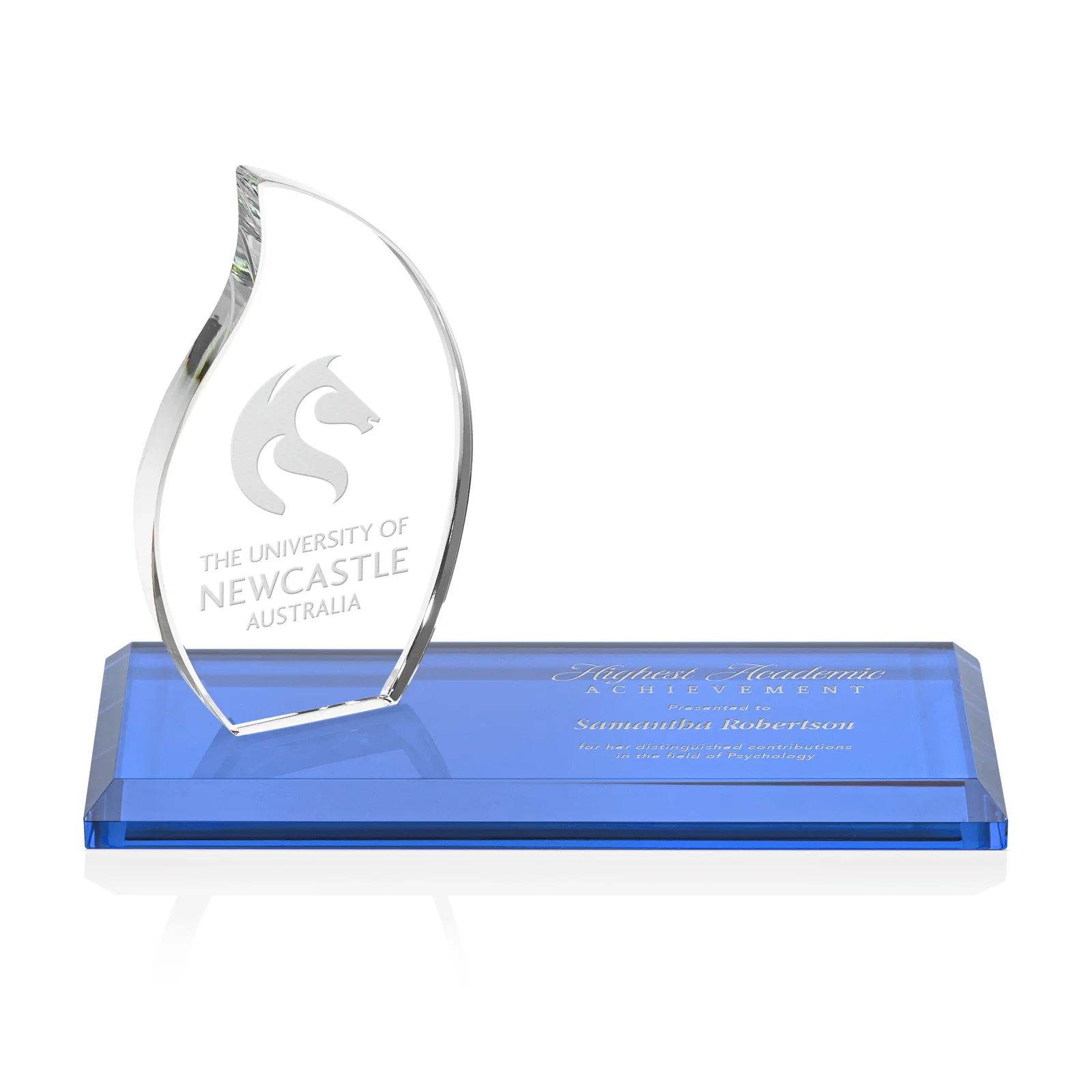 Custom Starfire Crystal Flame Award with a Second Back-Panel Imprint for retirement presentations