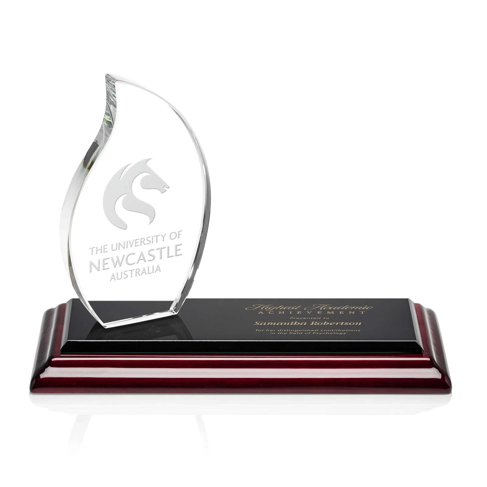 Custom Starfire Crystal Flame Award with a Second Back-Panel Imprint for donor appreciation