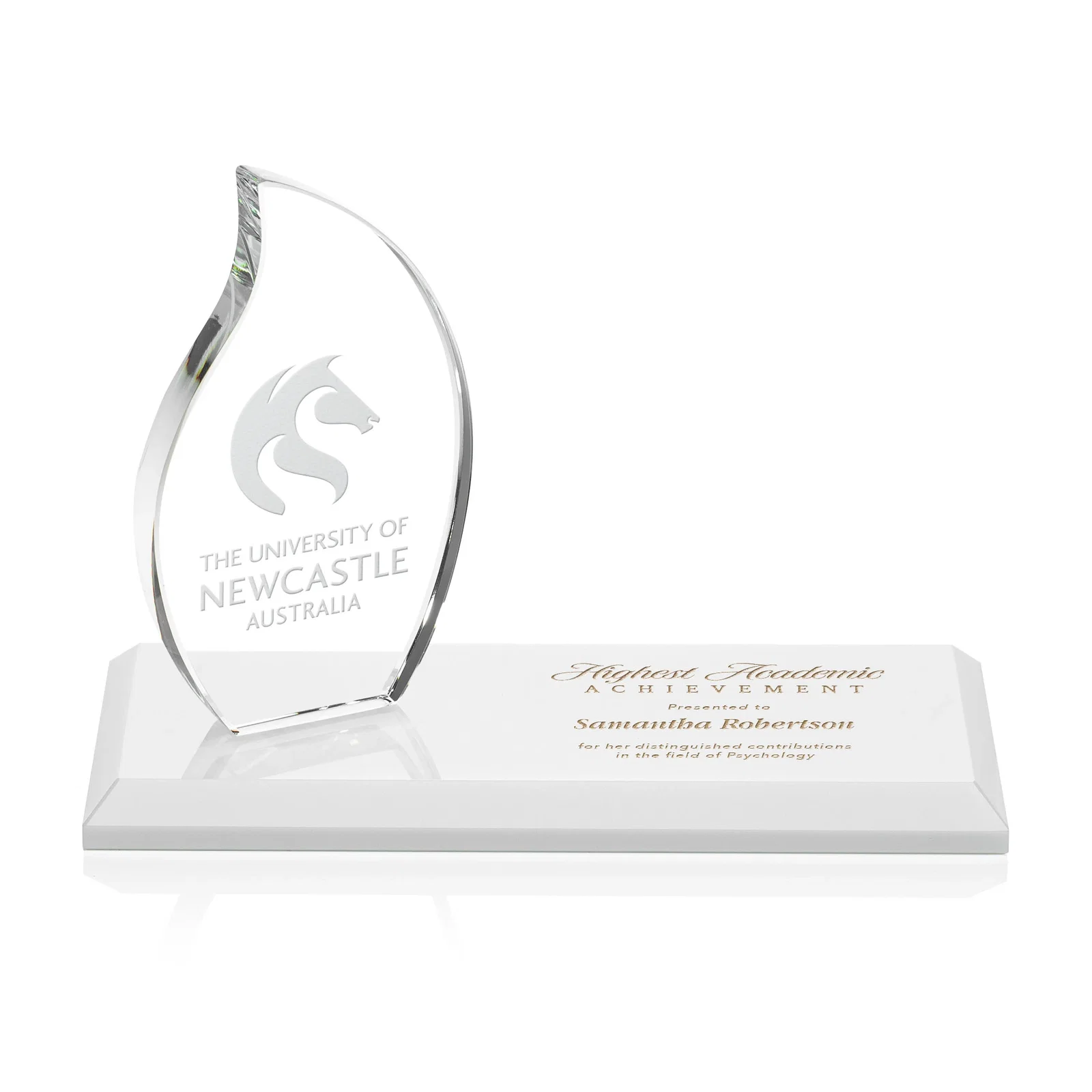 Custom Starfire Crystal Flame Award with a Second Back-Panel Imprint for graduation ceremonies