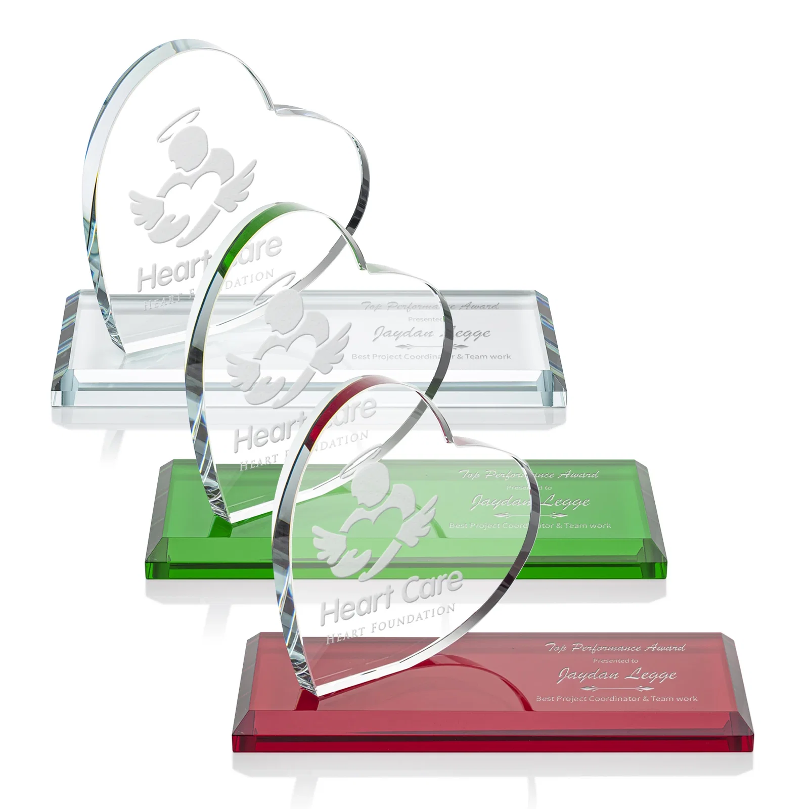 Custom Starfire Crystal Heart Award in a Wide Range of Finishes, desk awards for employee recognition