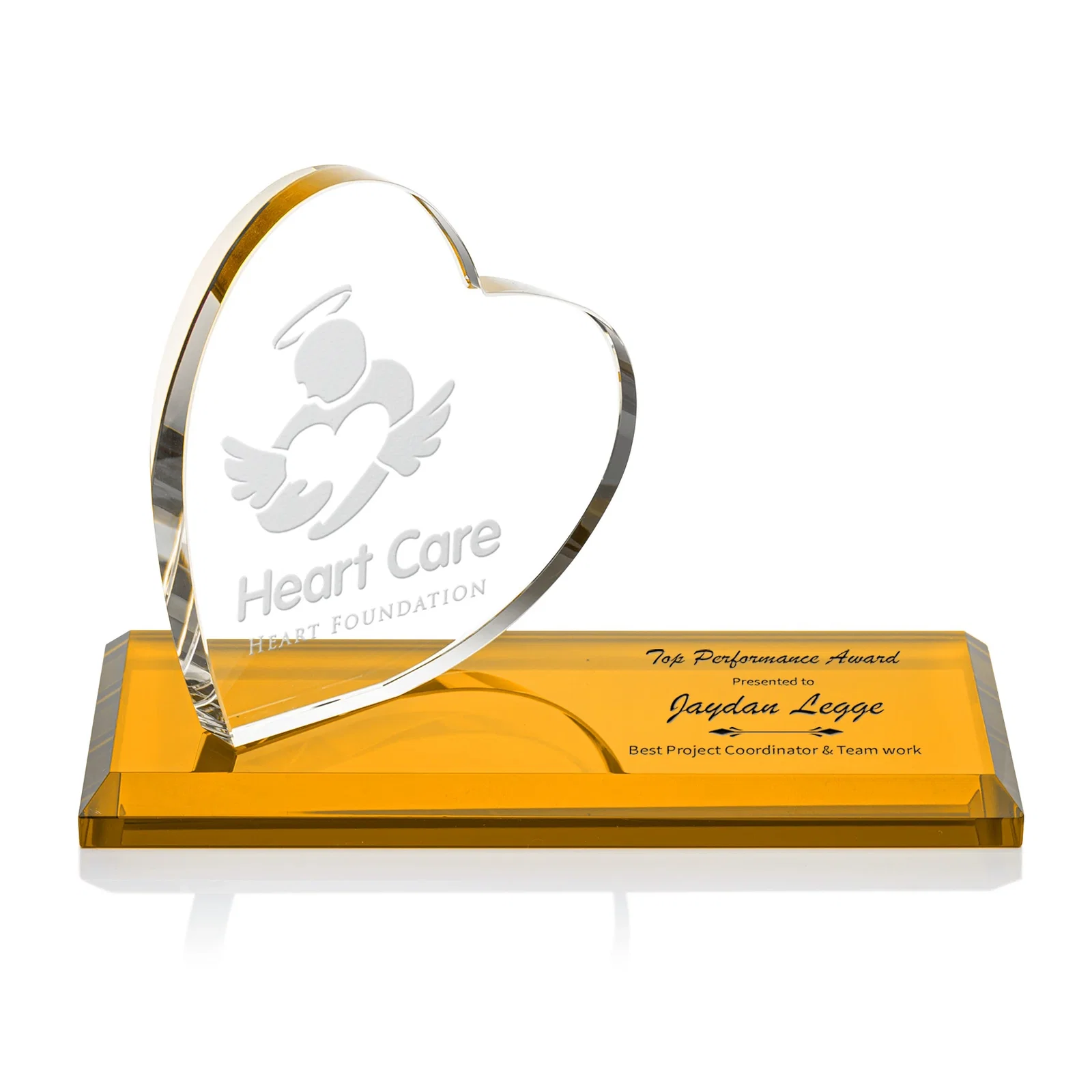 Custom Starfire Crystal Heart Award in a Wide Range of Finishes, desk awards for dealer and partner awards