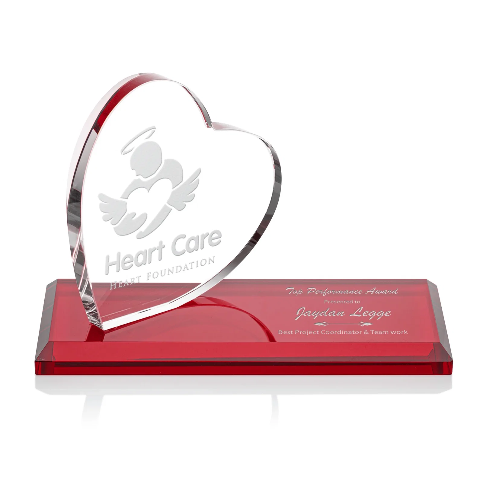 Custom Starfire Crystal Heart Award in a Wide Range of Finishes, desk awards for company anniversary events