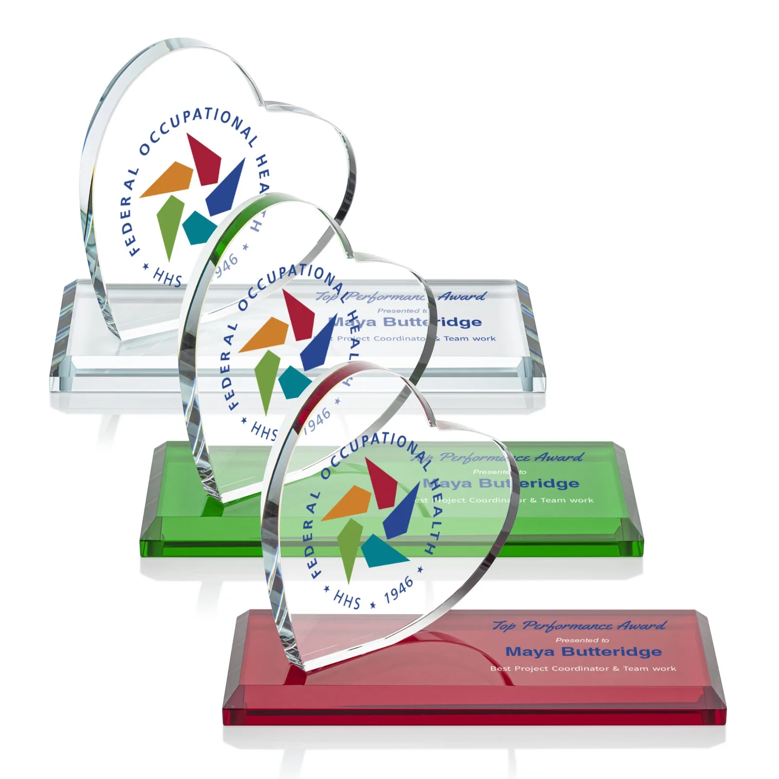 Personalized Starfire Crystal Heart Award in a Wide Range of Finishes, desk awards for corporate award ceremonies