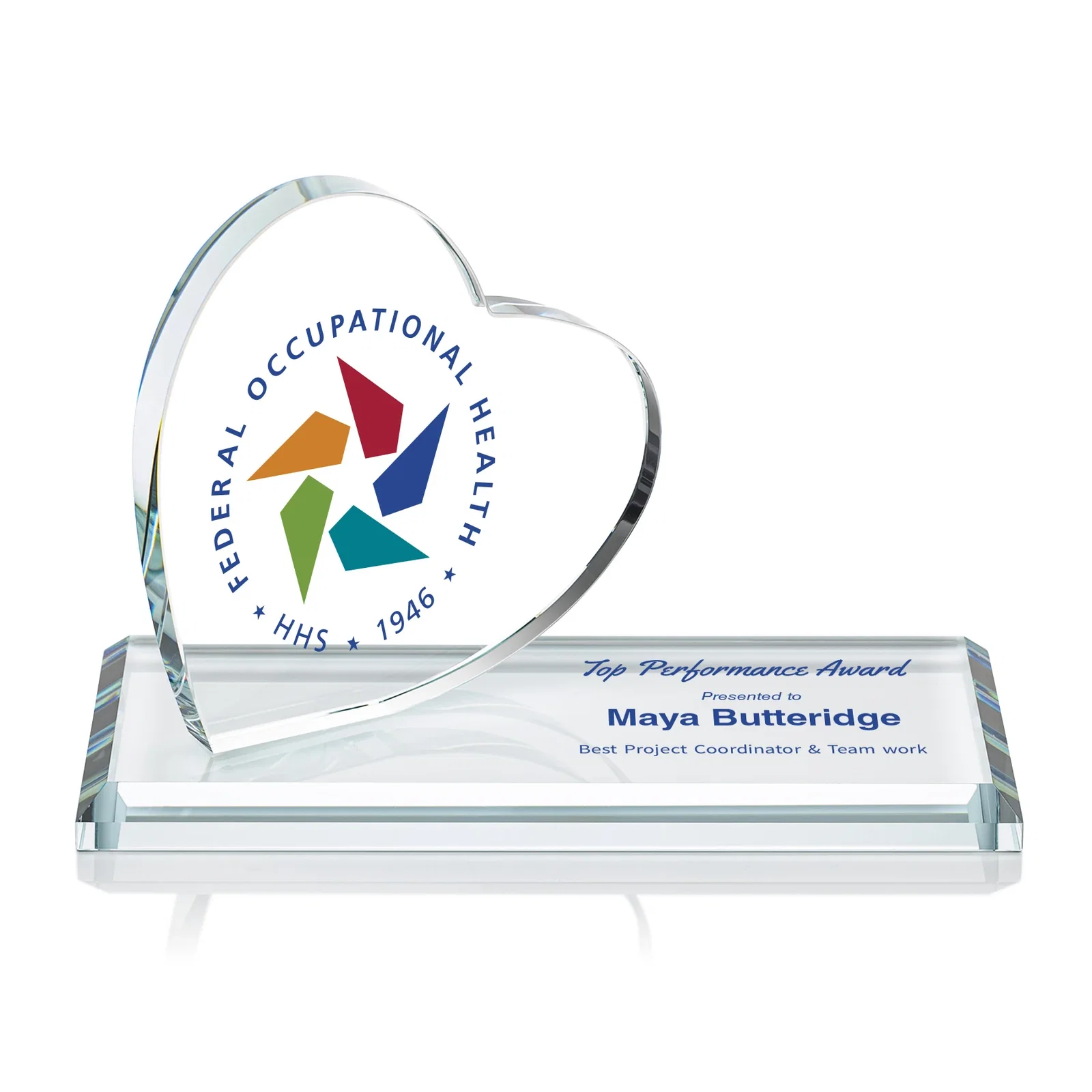 Personalized Starfire Crystal Heart Award in a Wide Range of Finishes, desk awards for service anniversary gifts