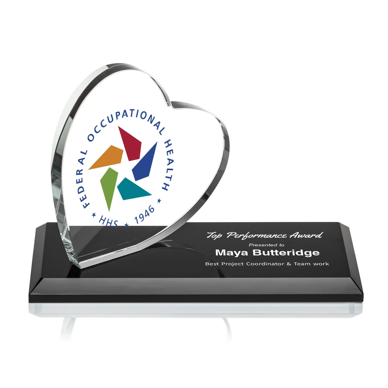 Personalized Starfire Crystal Heart Award in a Wide Range of Finishes, desk awards for sales achievement awards