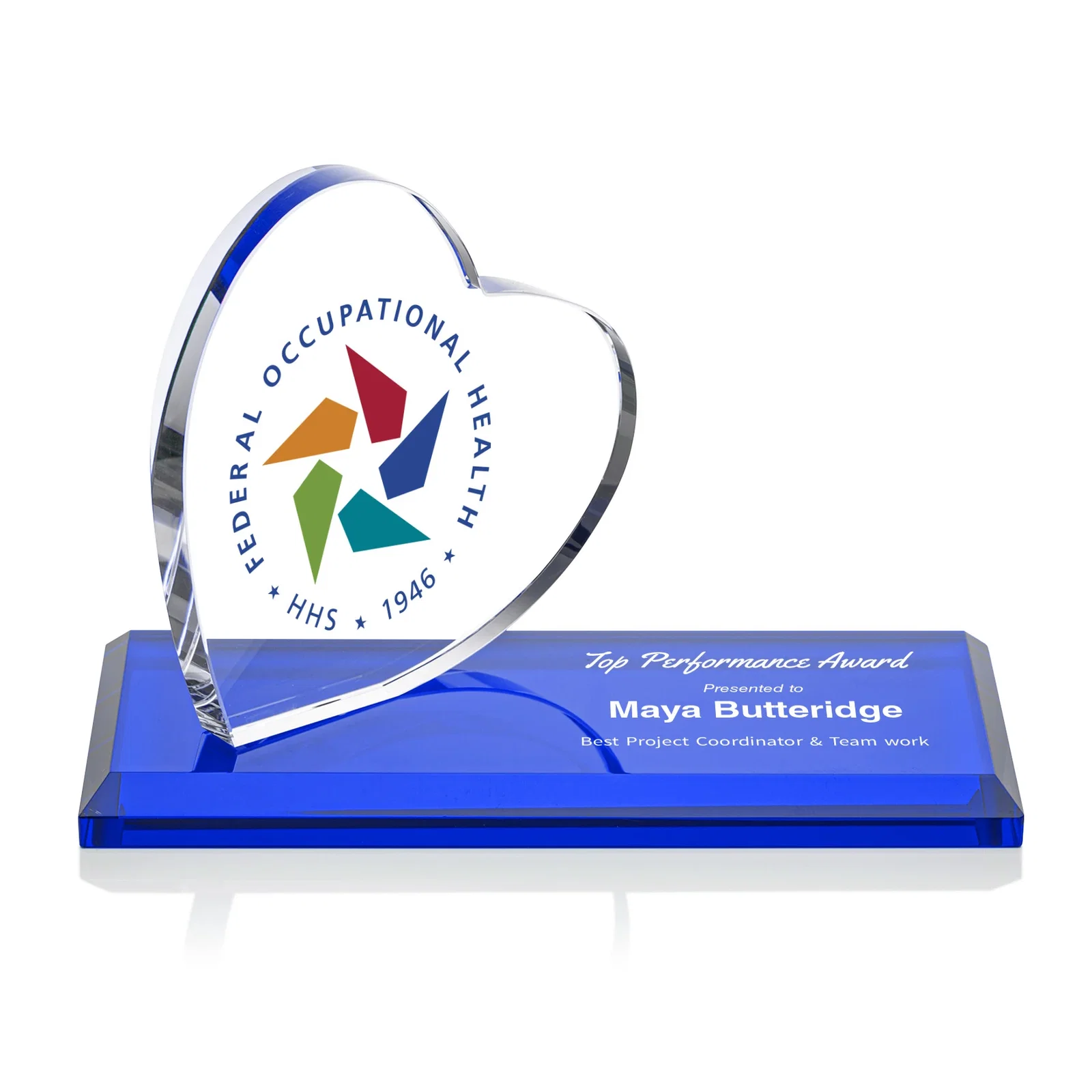 Personalized Starfire Crystal Heart Award in a Wide Range of Finishes, desk awards for retirement presentations