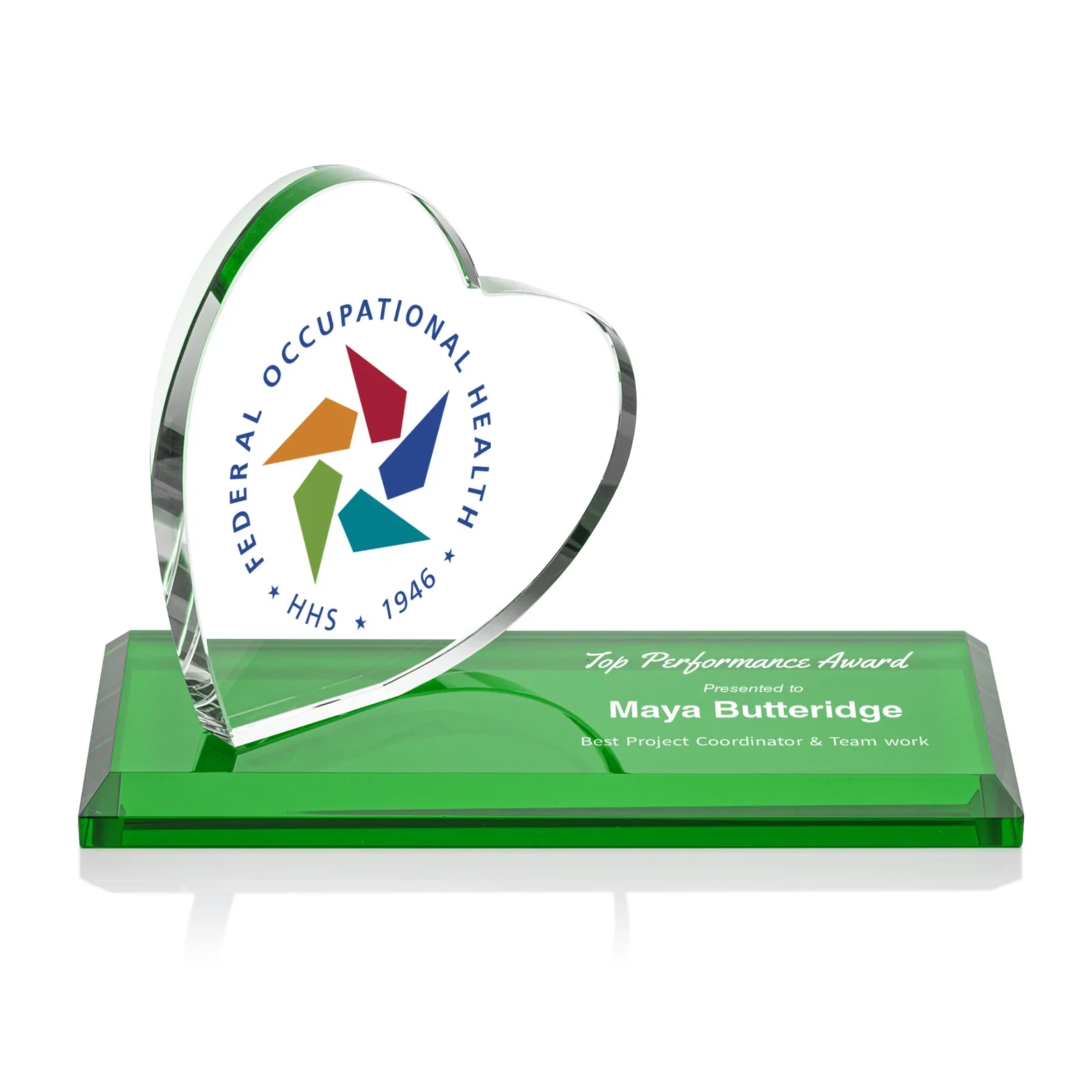 Personalized Starfire Crystal Heart Award in a Wide Range of Finishes, desk awards for team milestone celebrations