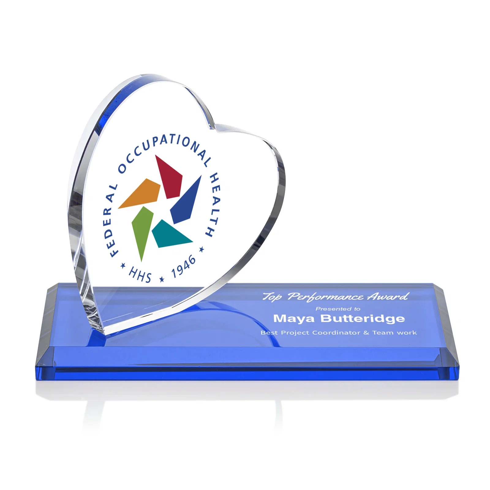 Personalized Starfire Crystal Heart Award in a Wide Range of Finishes, desk awards for donor appreciation
