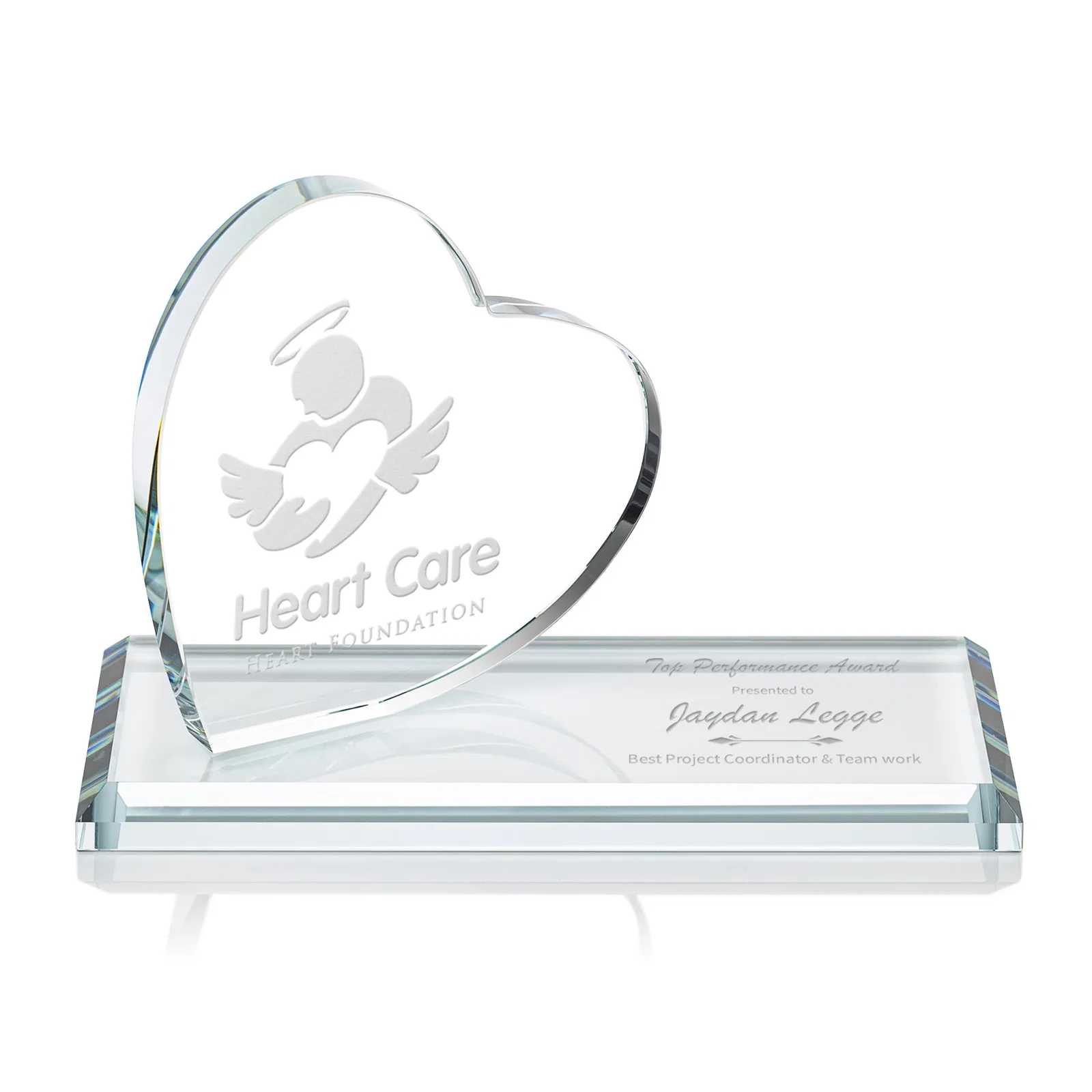 Custom Starfire Crystal Heart Award in a Wide Range of Finishes, desk awards for corporate award ceremonies