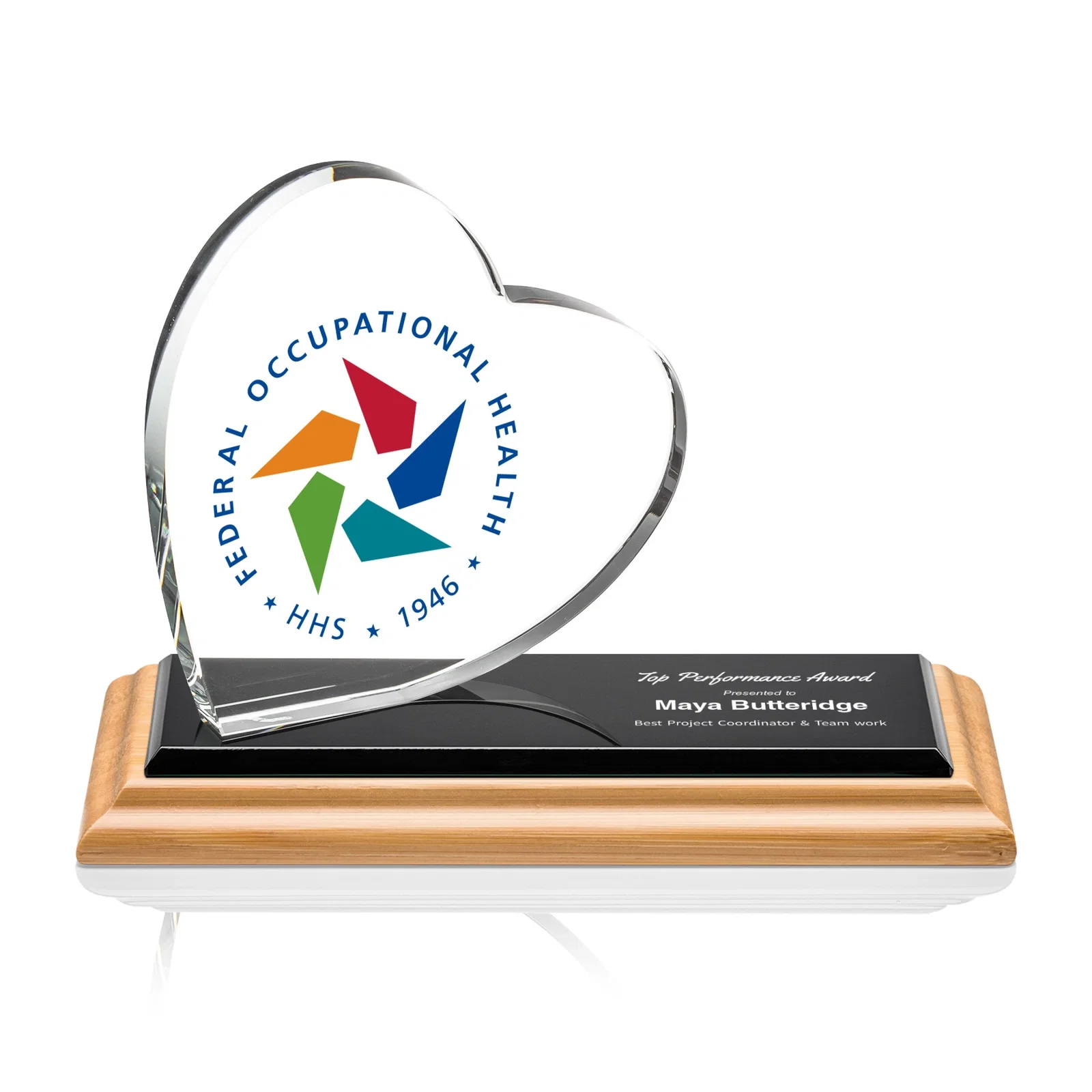 Personalized Starfire Crystal Heart Award in a Wide Range of Finishes, desk awards for graduation ceremonies
