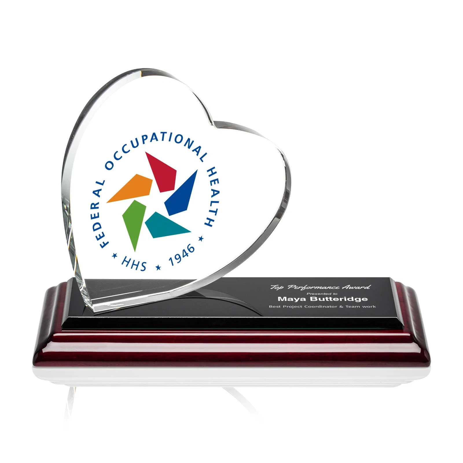 Personalized Starfire Crystal Heart Award in a Wide Range of Finishes, desk awards for safety achievement programs