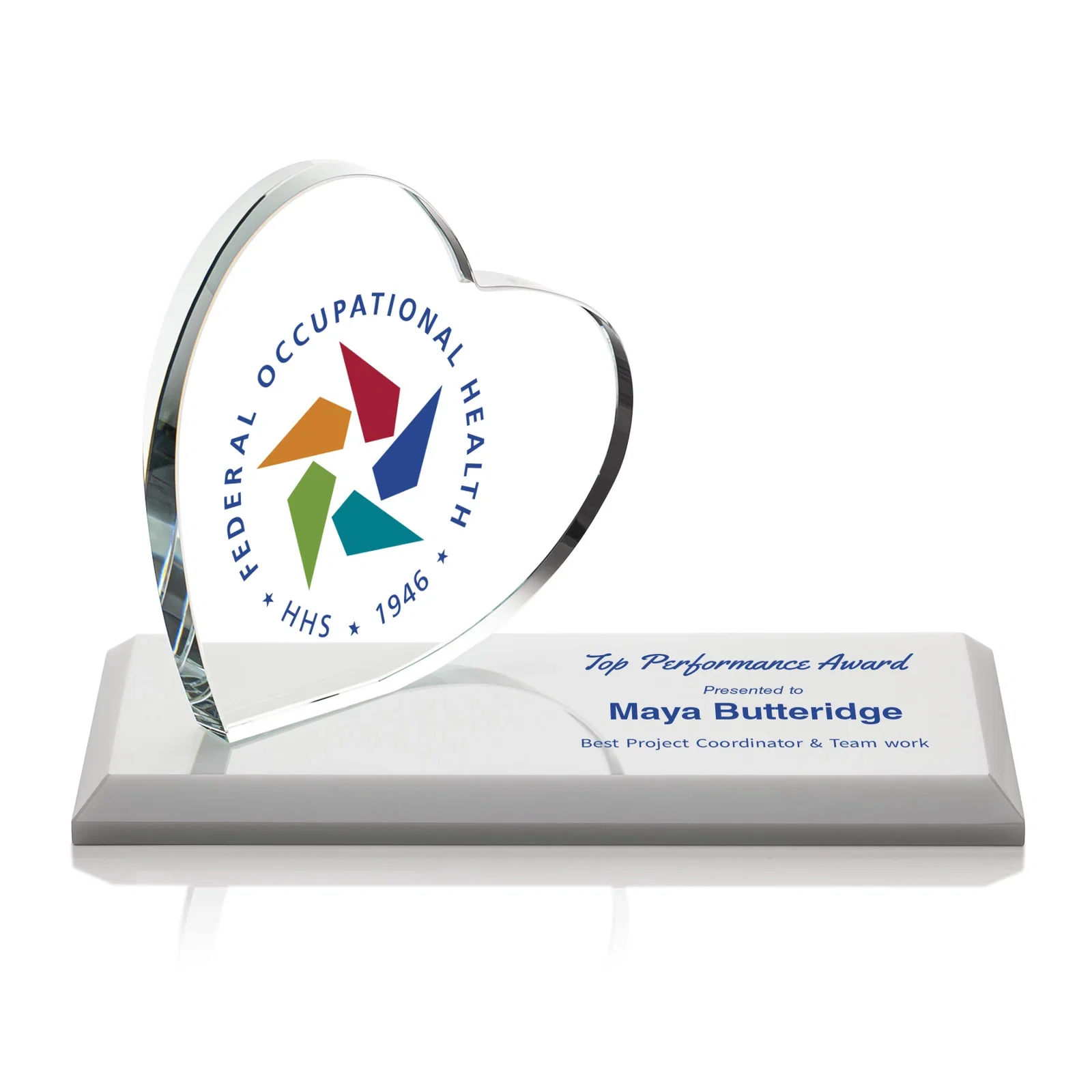 Personalized Starfire Crystal Heart Award in a Wide Range of Finishes, desk awards for volunteer appreciation