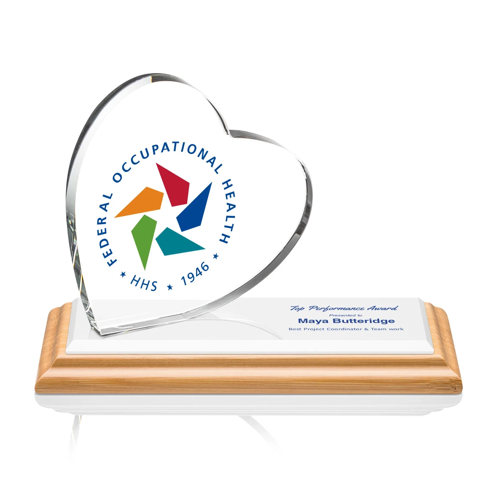 Personalized Starfire Crystal Heart Award in a Wide Range of Finishes, desk awards for dealer and partner awards