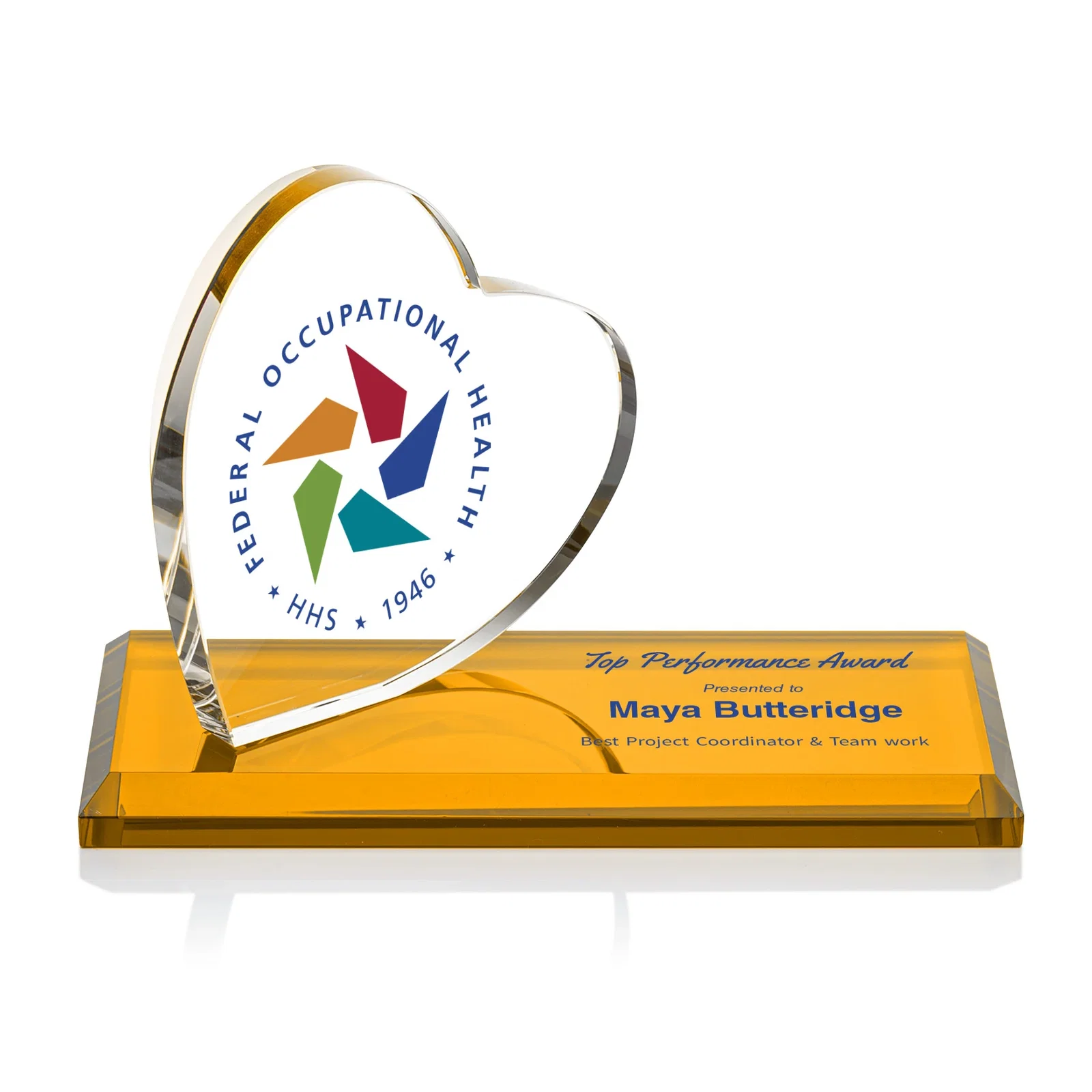 Personalized Starfire Crystal Heart Award in a Wide Range of Finishes, desk awards for company anniversary events