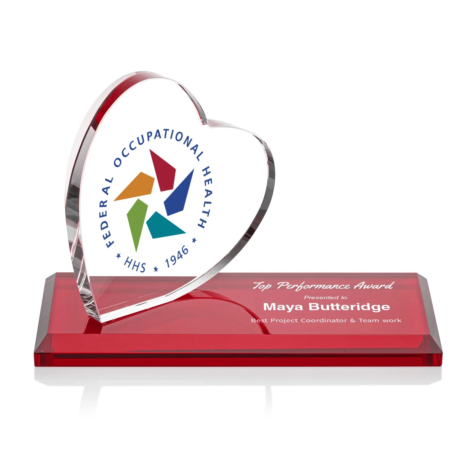 Promotional Starfire Crystal Heart Award in a Wide Range of Finishes, desk awards for employee recognition