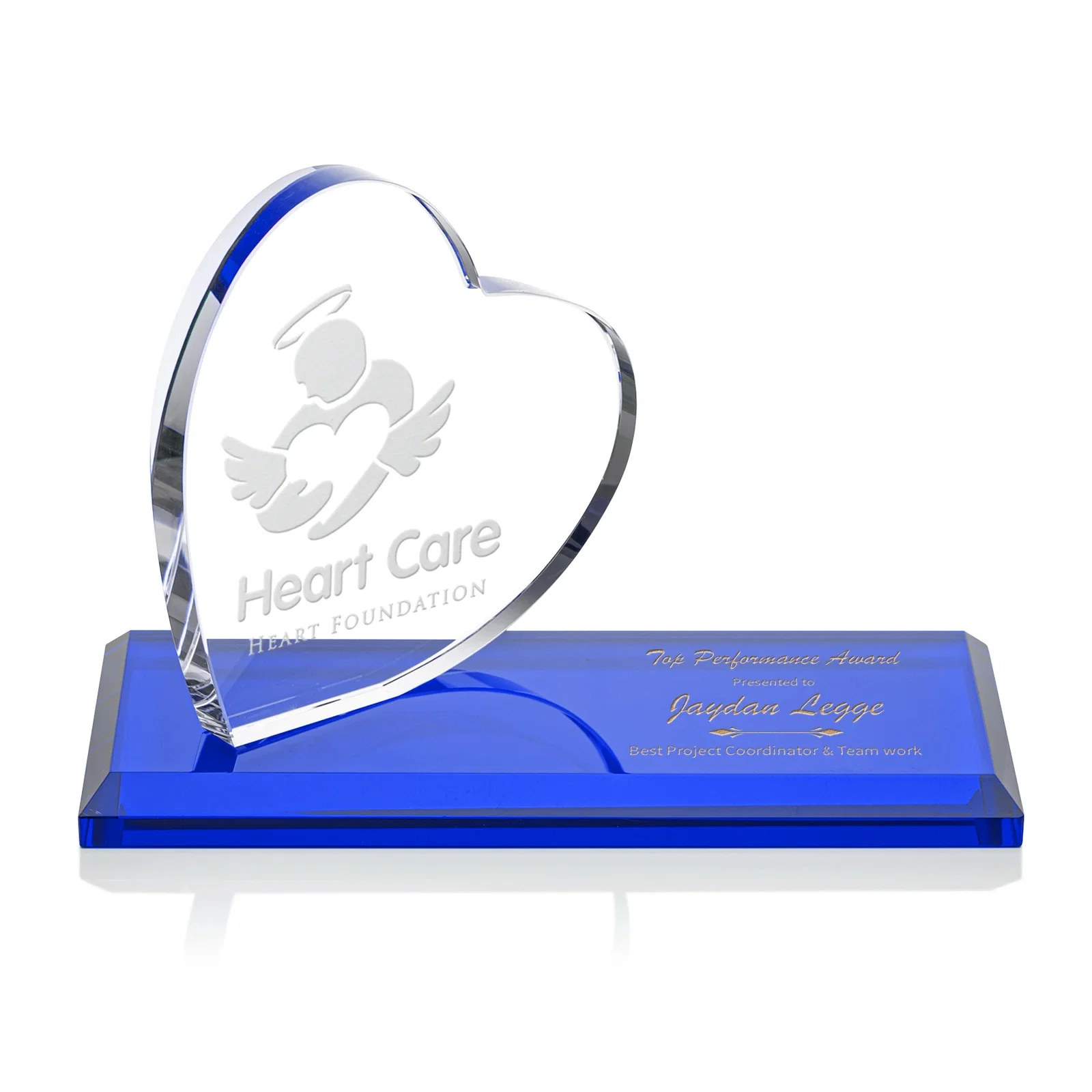 Custom Starfire Crystal Heart Award in a Wide Range of Finishes, desk awards for sales achievement awards
