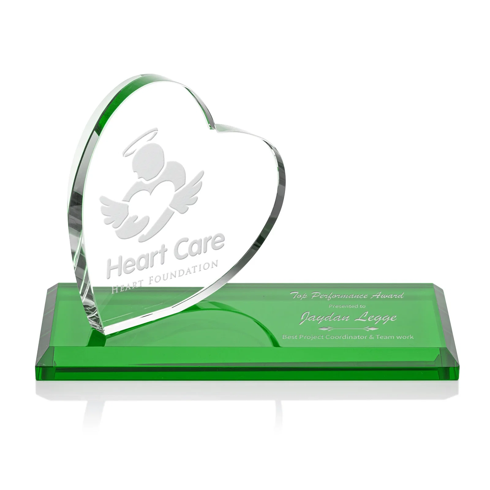 Custom Starfire Crystal Heart Award in a Wide Range of Finishes, desk awards for retirement presentations