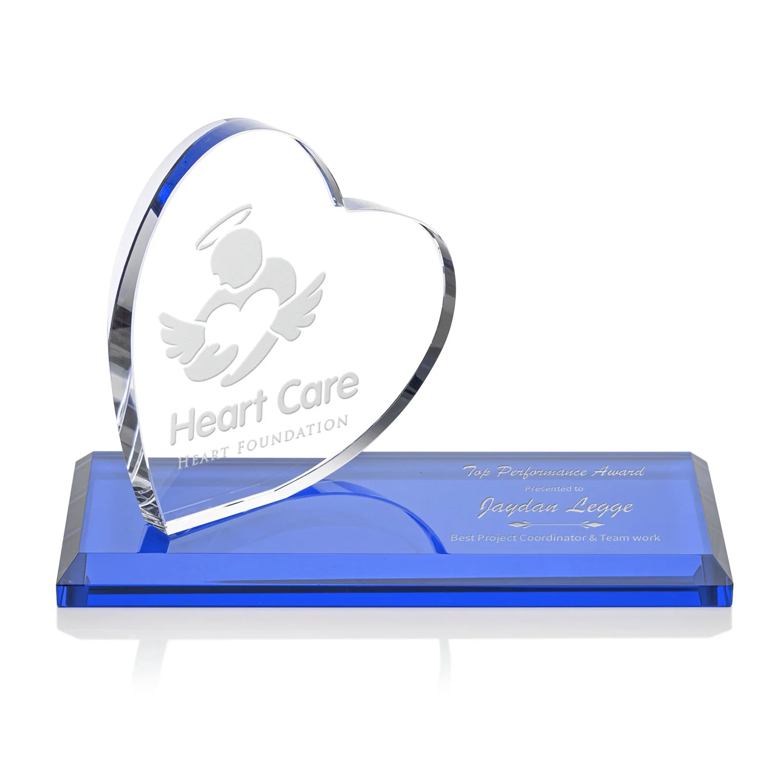 Custom Starfire Crystal Heart Award in a Wide Range of Finishes, desk awards for team milestone celebrations