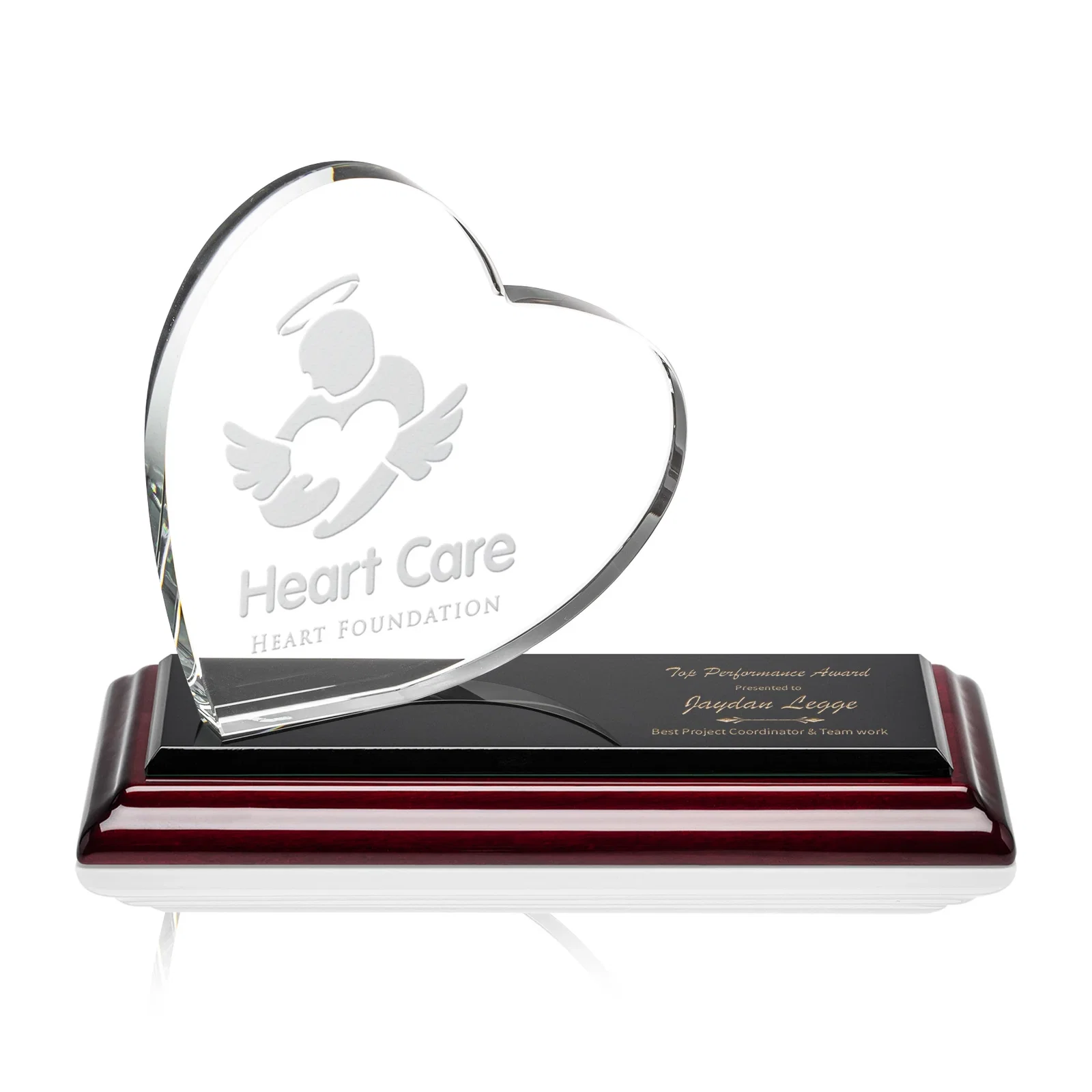 Custom Starfire Crystal Heart Award in a Wide Range of Finishes, desk awards for graduation ceremonies