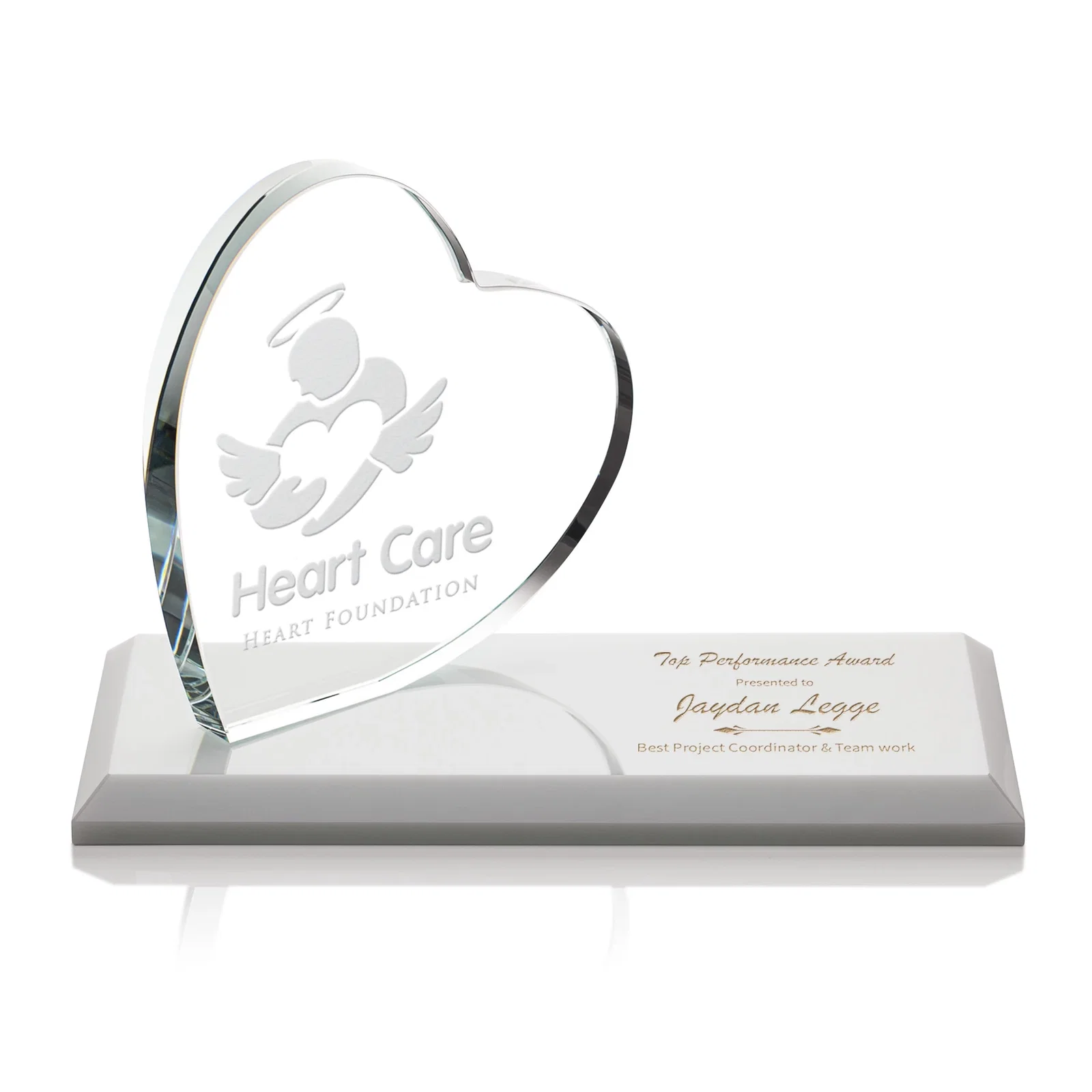 Custom Starfire Crystal Heart Award in a Wide Range of Finishes, desk awards for safety achievement programs