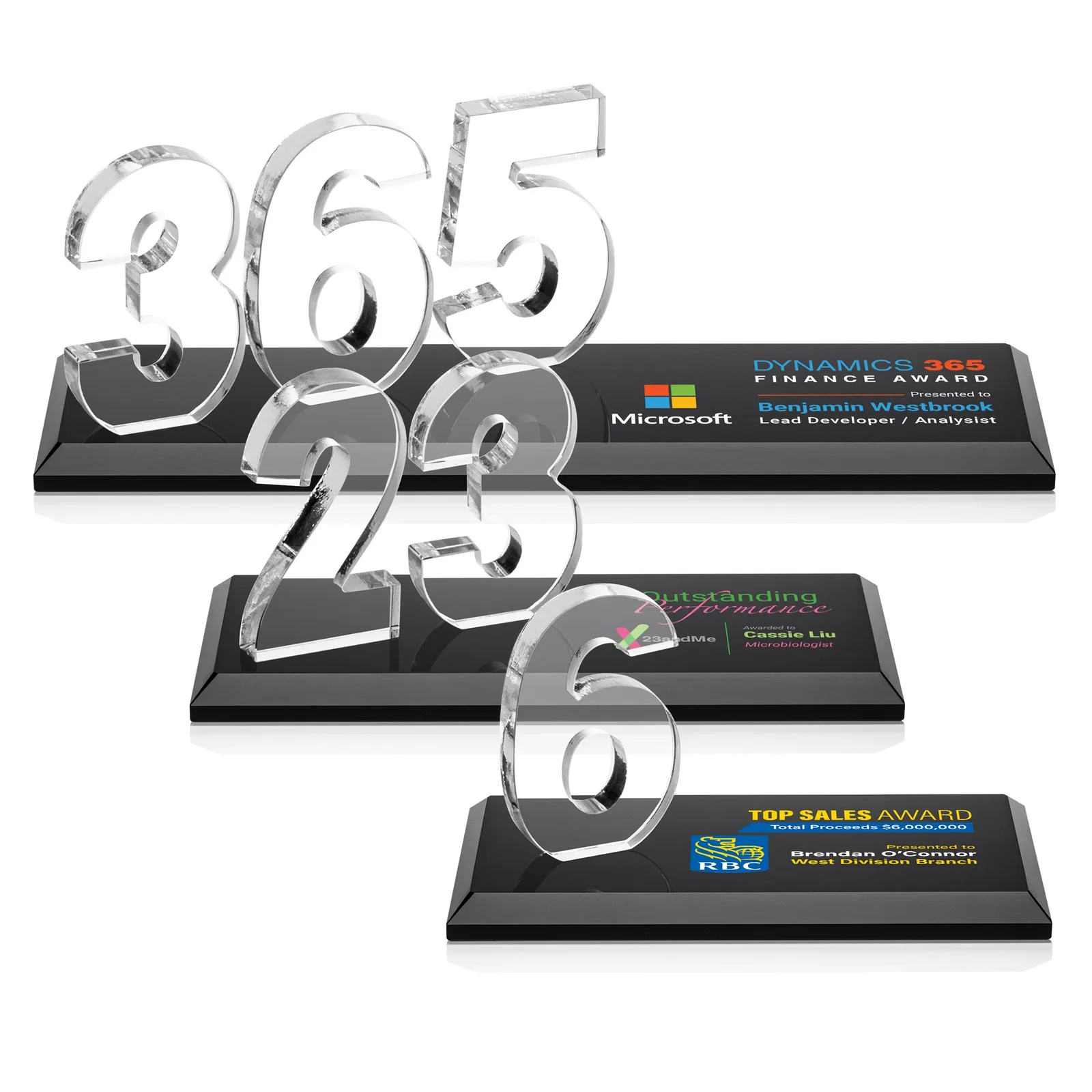 Custom printed Starfire Crystal Number Award on Rosewood Base for corporate award ceremonies