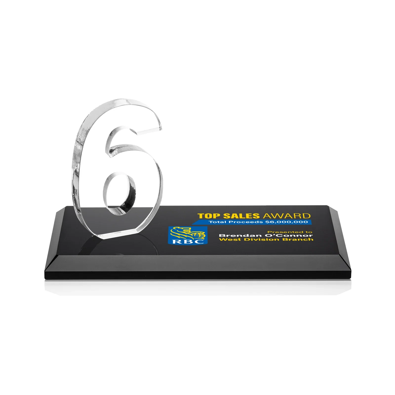 Custom printed Starfire Crystal Number Award on Rosewood Base for service anniversary gifts