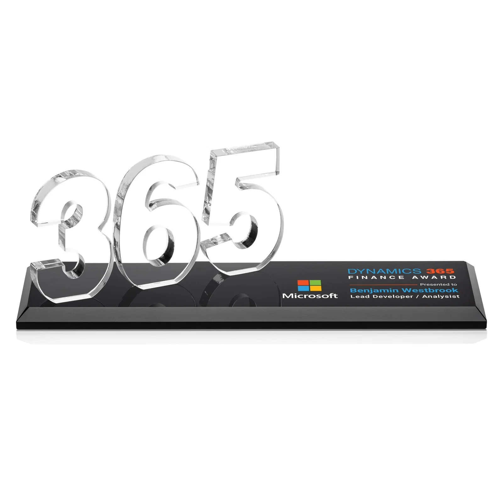 Custom printed Starfire Crystal Number Award on Rosewood Base for retirement presentations