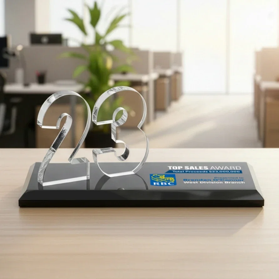 Custom printed Starfire Crystal Number Award on Rosewood Base for team milestone celebrations