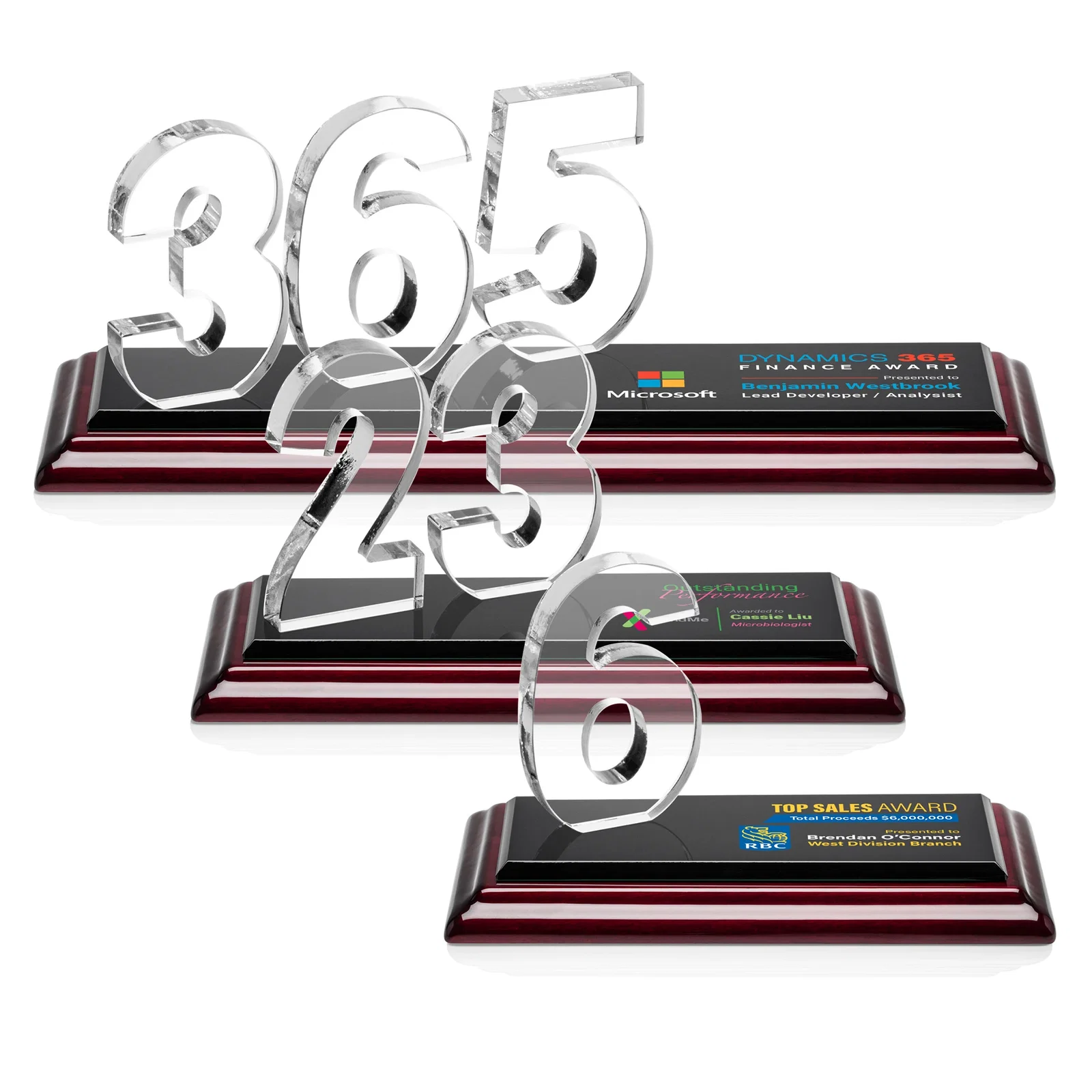 Custom printed Starfire Crystal Number Award on Rosewood Base for dealer and partner awards