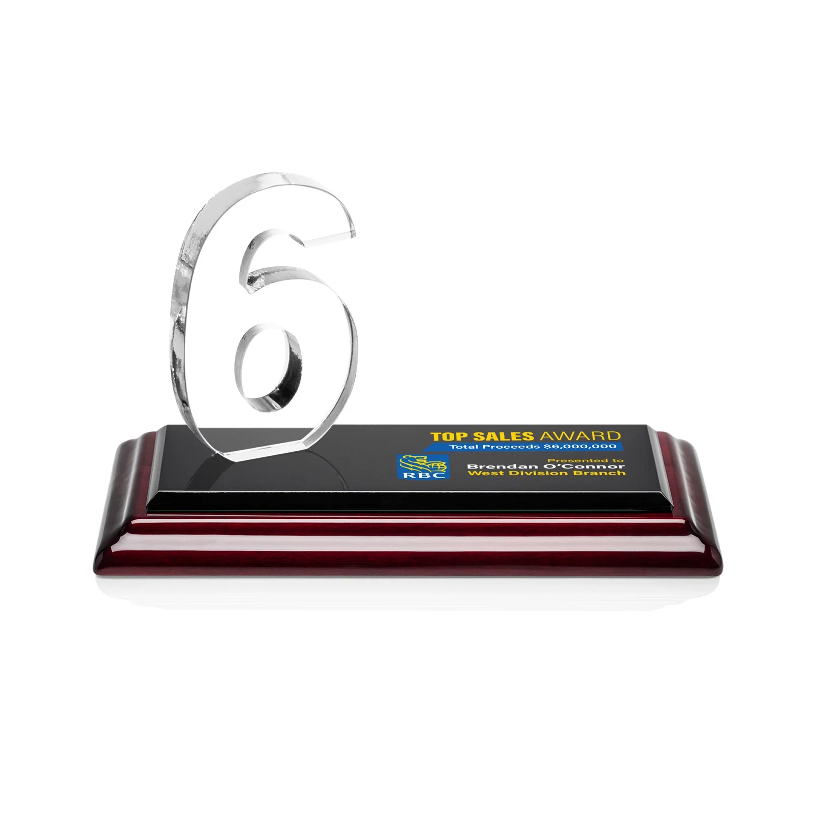Custom printed Starfire Crystal Number Award on Rosewood Base for company anniversary events