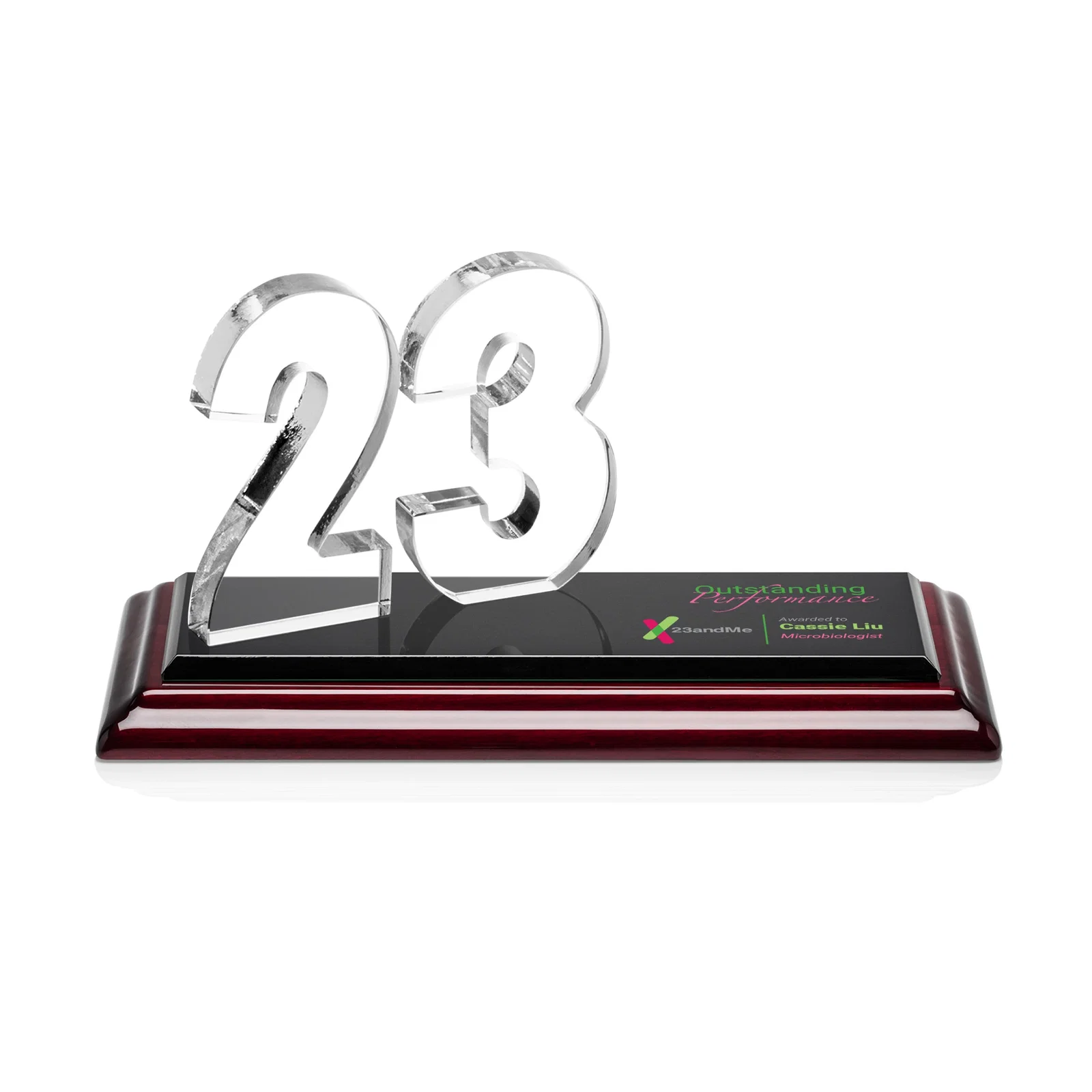 Customized Starfire Crystal Number Award on Rosewood Base for employee recognition
