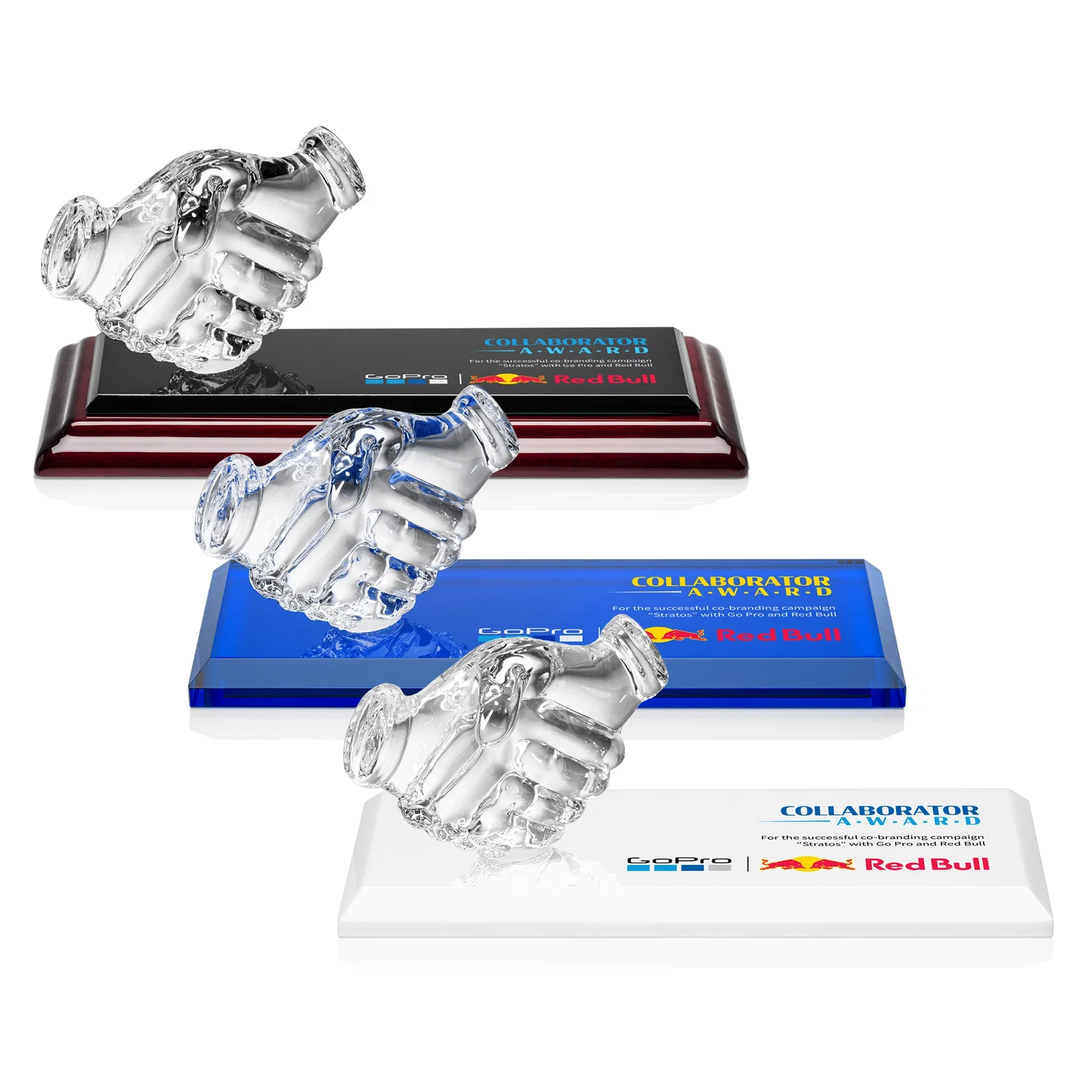 Custom Optical Crystal Award with a Molded Clasped-Hands Figure, desk awards for company anniversary events